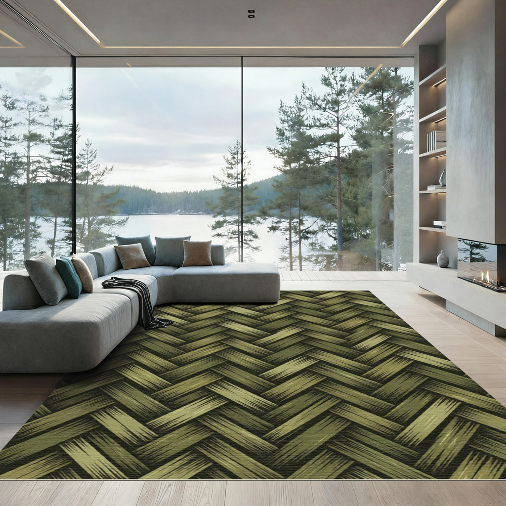 Olive Green Herringbone Woven Texture Rug