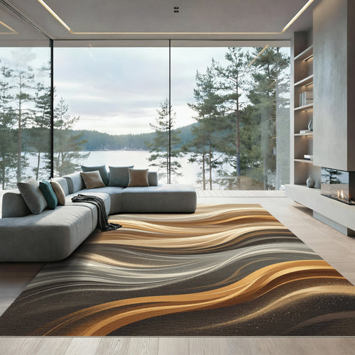 Abstract Golden Sand Flowing Waves Rug