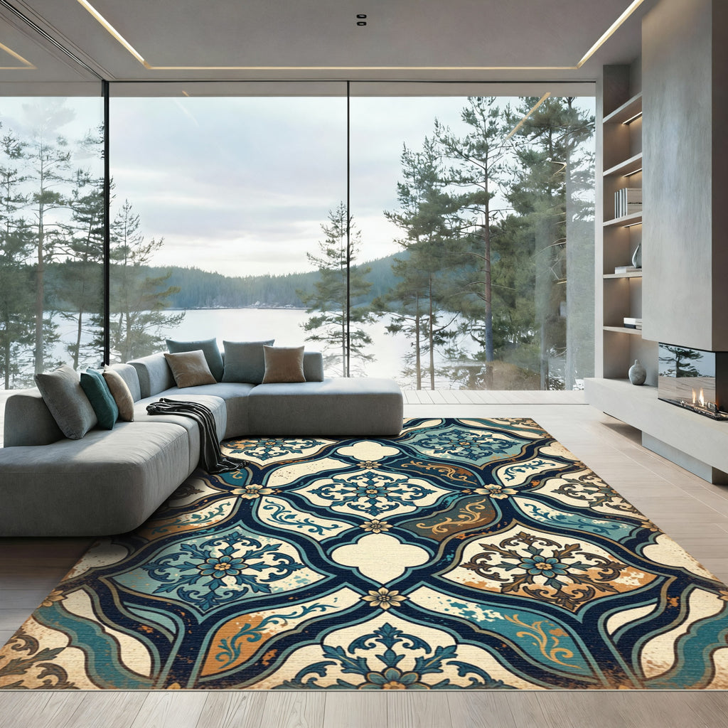 Vintage Teal Damask Floral Baroque Rug