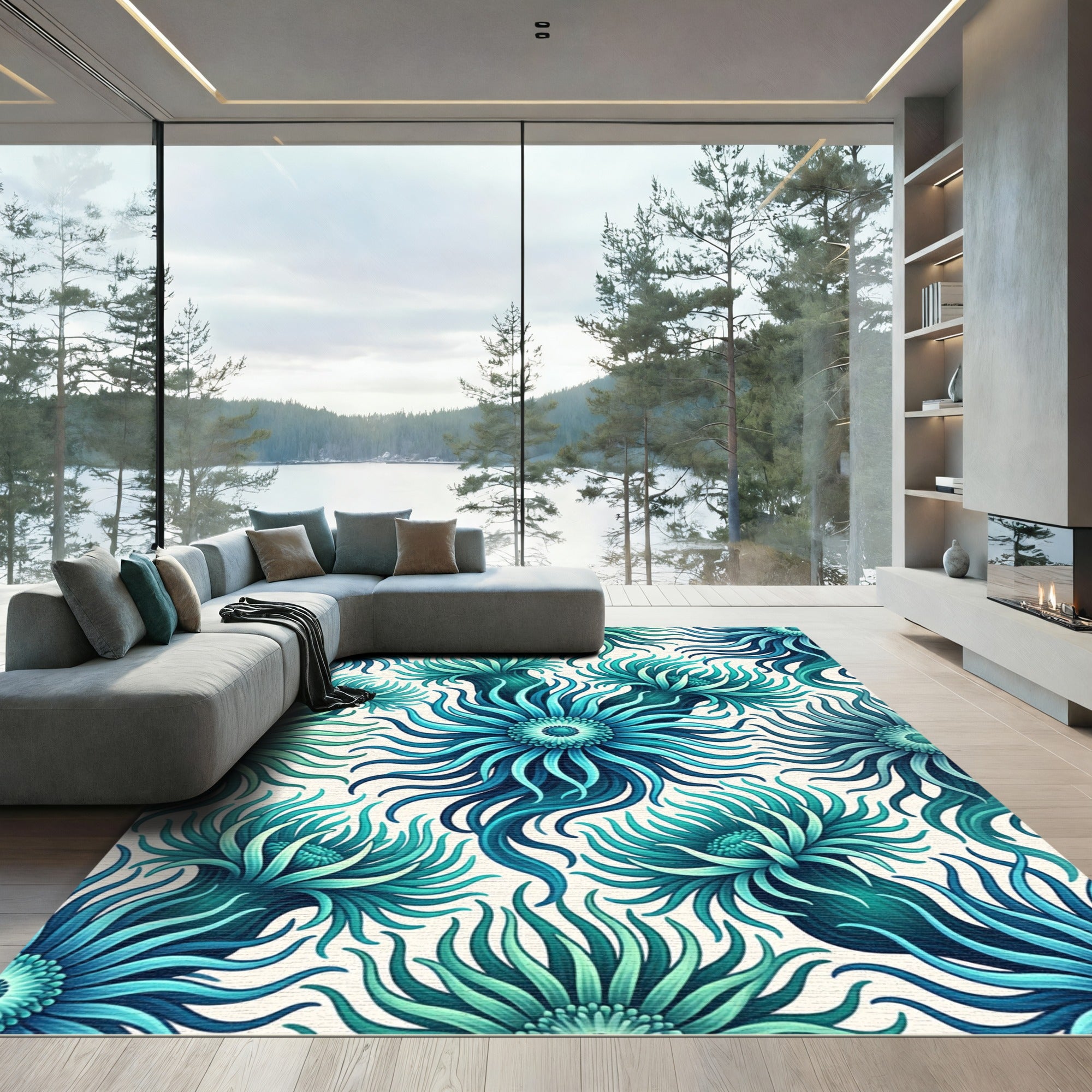 Teal Marine Anemone Radiating Floral Ocean Rug