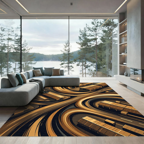 Abstract Golden Brown Swirl Industrial Landscape Rug