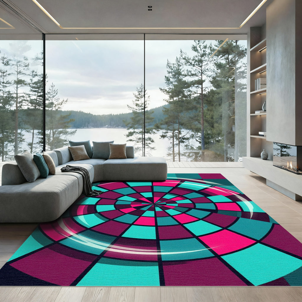 Vibrant Cyan and Magenta Circular Geometry Rug