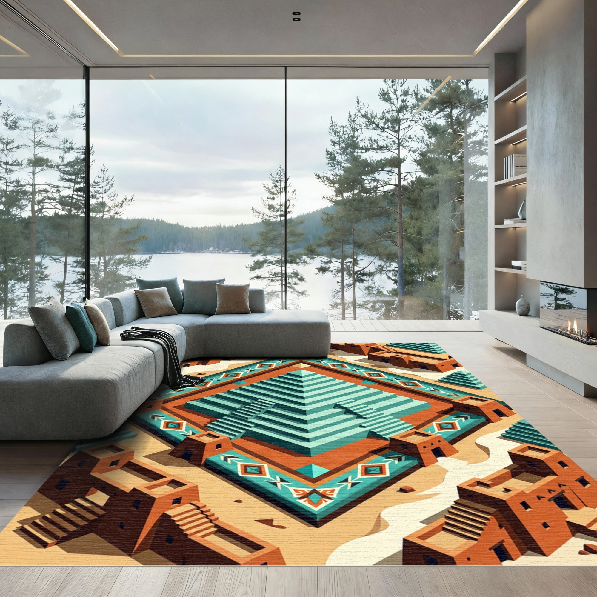 Terracotta Tribal Geometric Aztec Pyramid Rug