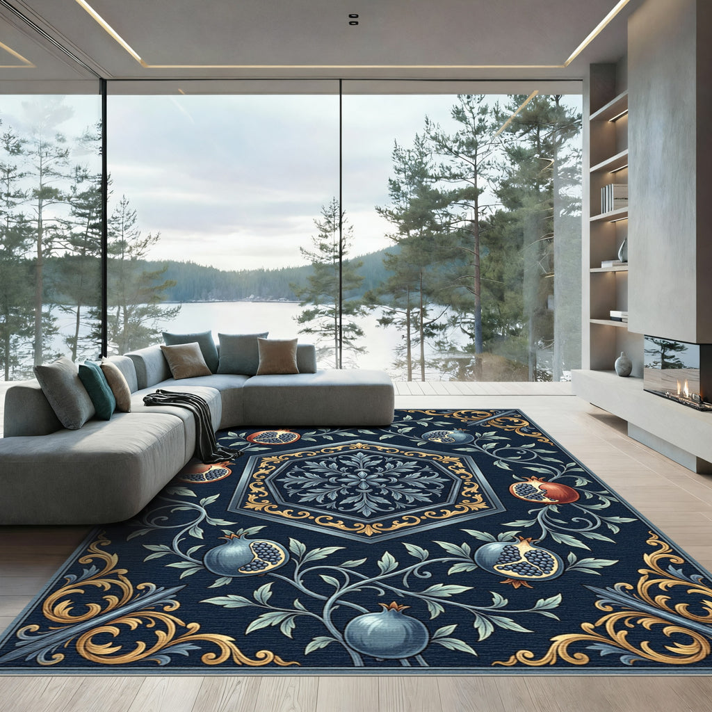 Dark Blue Pomegranate Floral Scroll Vine Rug