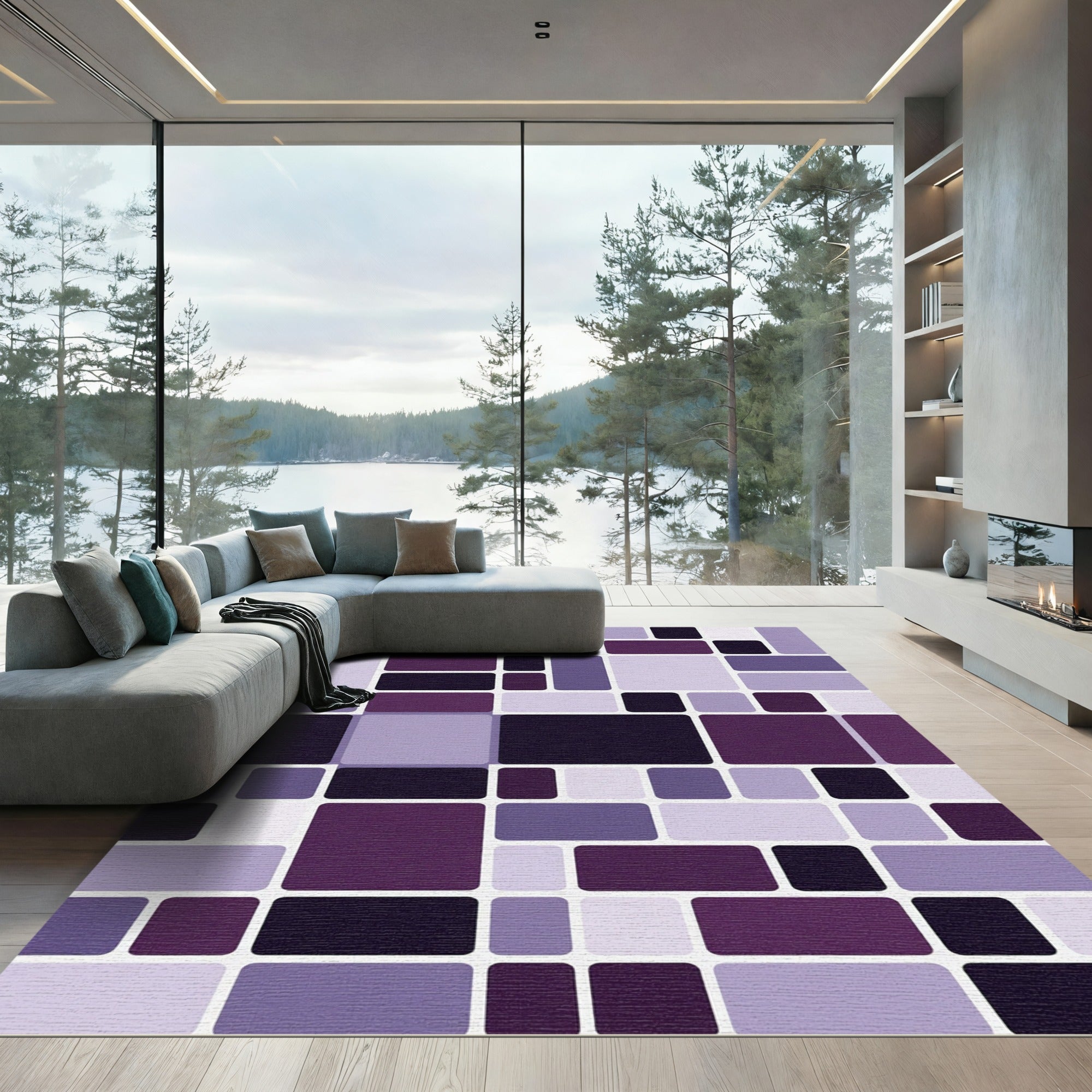 Abstract Purple Geometric Block Mosaic Rug
