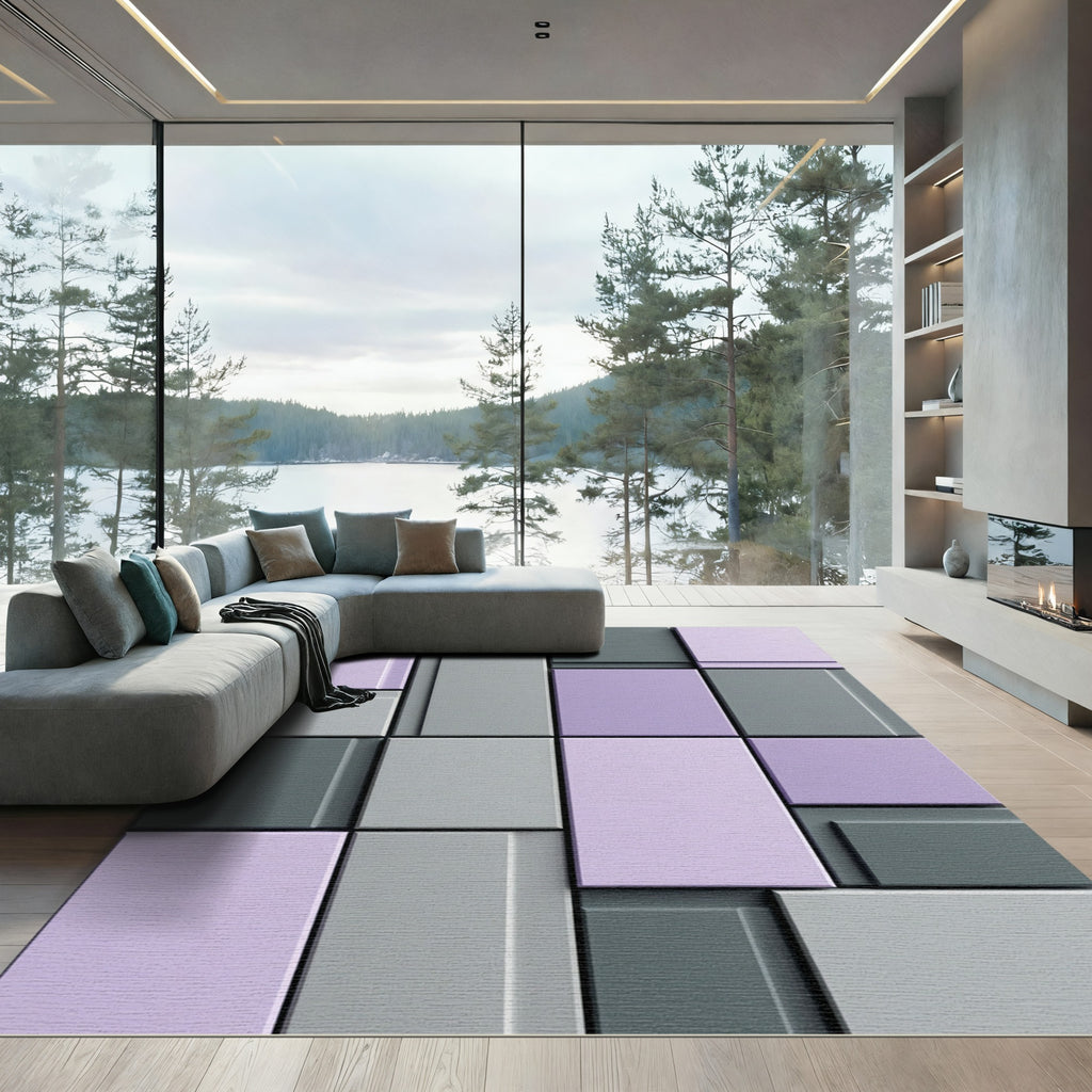 Geometric Lavender Gray Blocks Rug