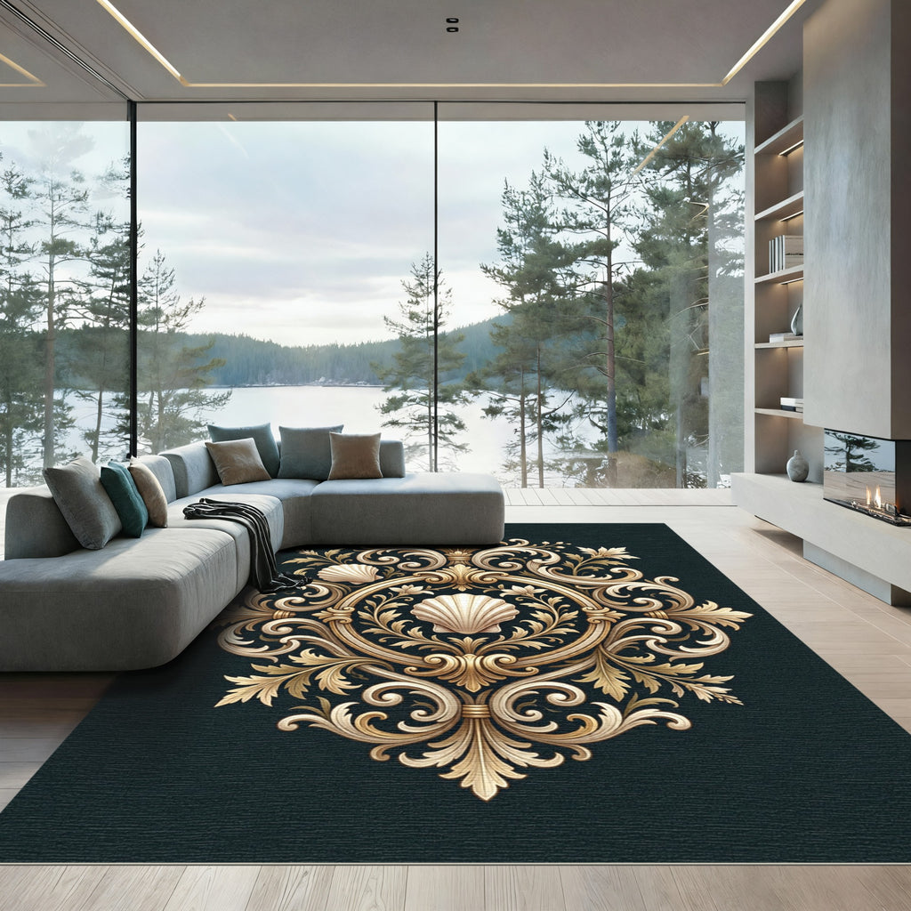 Ornate Shell Filigree Gold Cream Medallion Rug