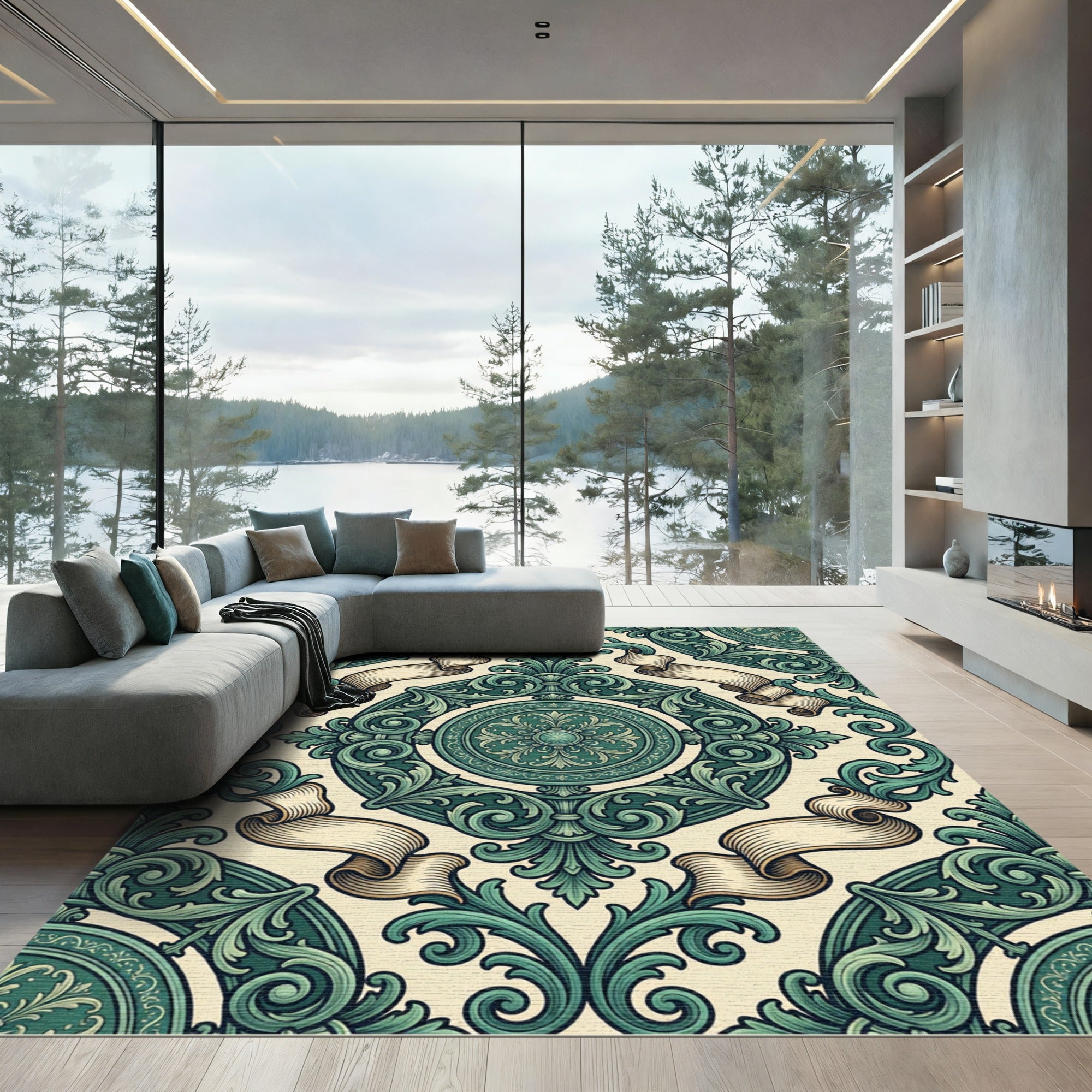 Emerald Baroque Scroll Ribbon Medallion Rug