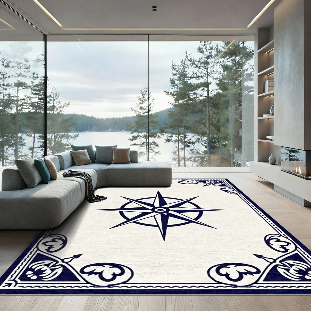 Naval Blue Compass Rose Border Rug