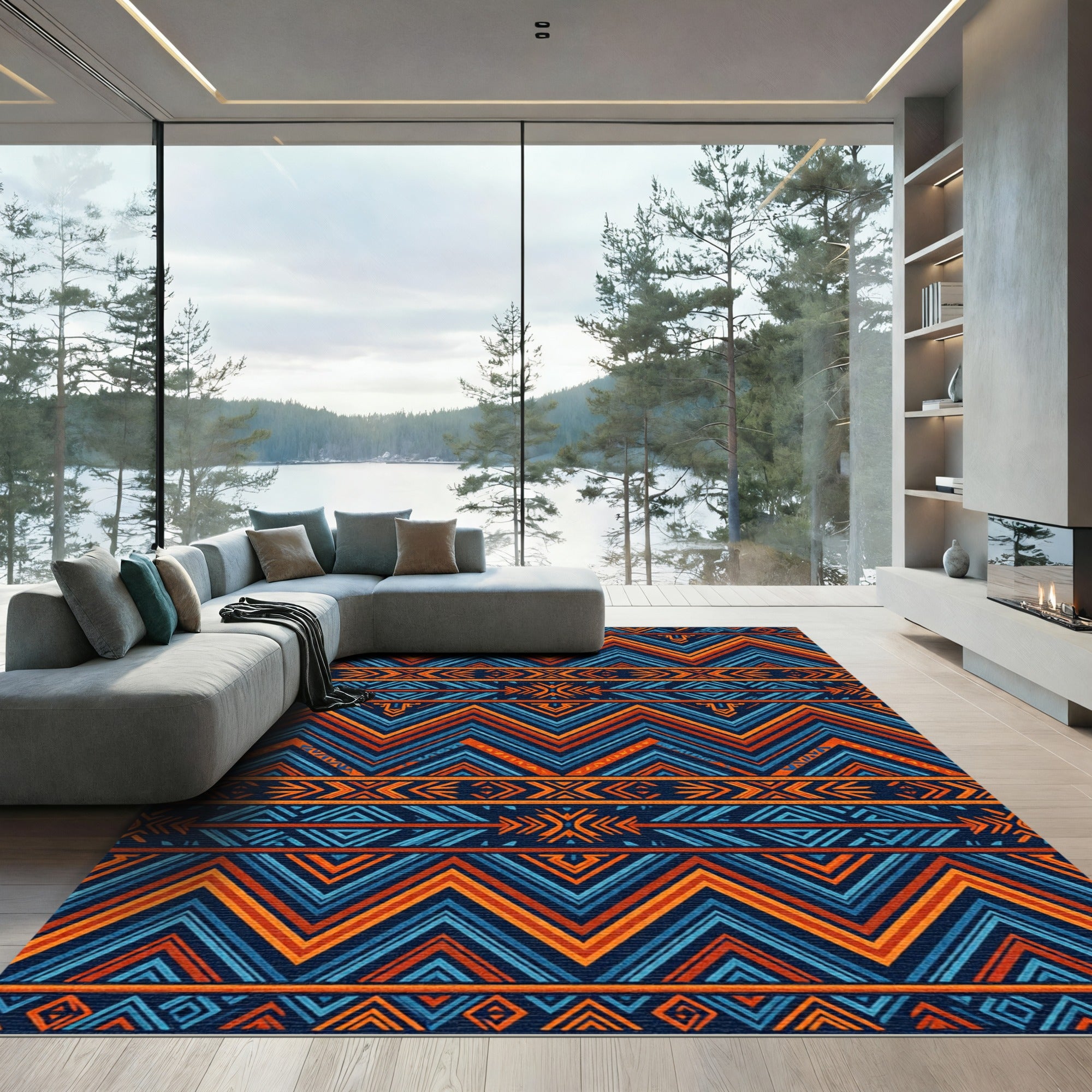 Bold Orange Blue Geometric Chevron Rug