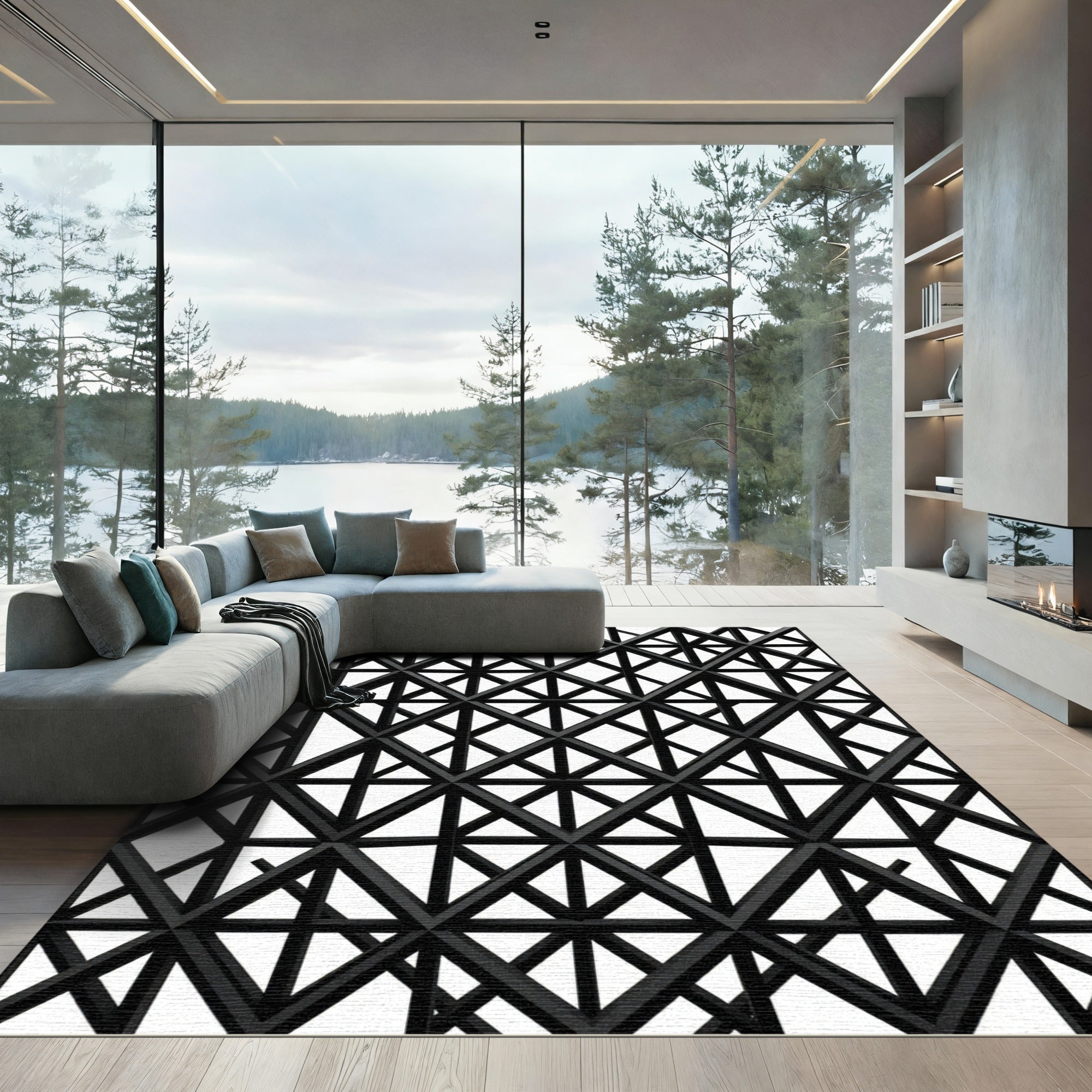 Striking Black Lattice Geometric Rug