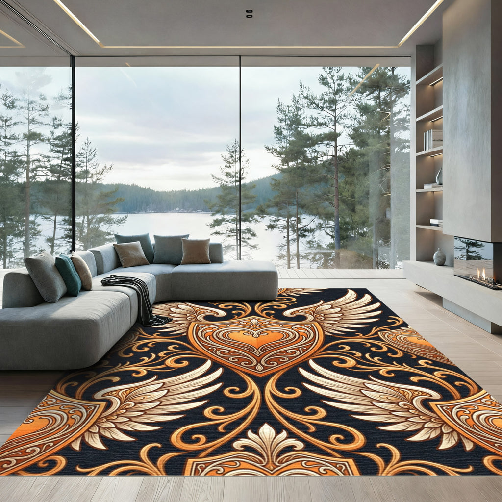 Orange Gold Winged Shield Scrollwork Rug