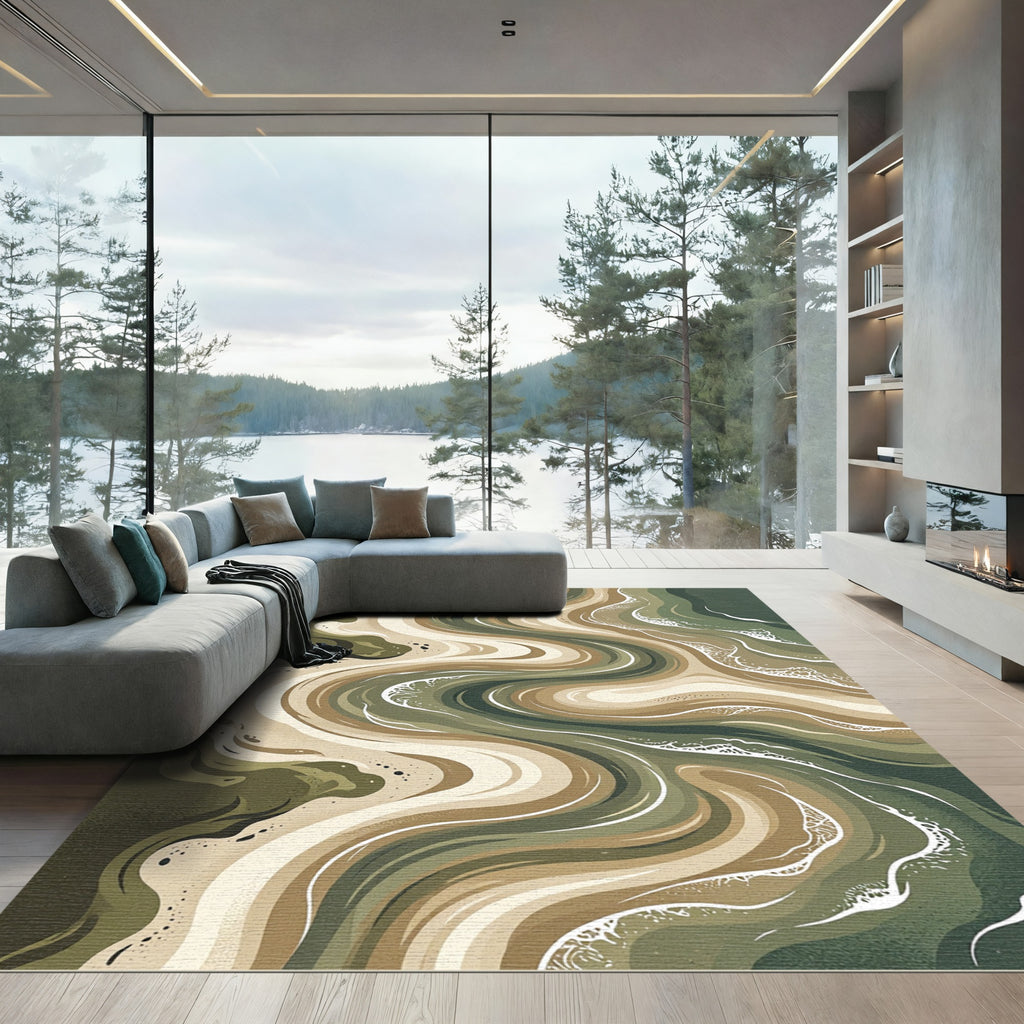 Organic Olive Green Abstract Swirl Rug