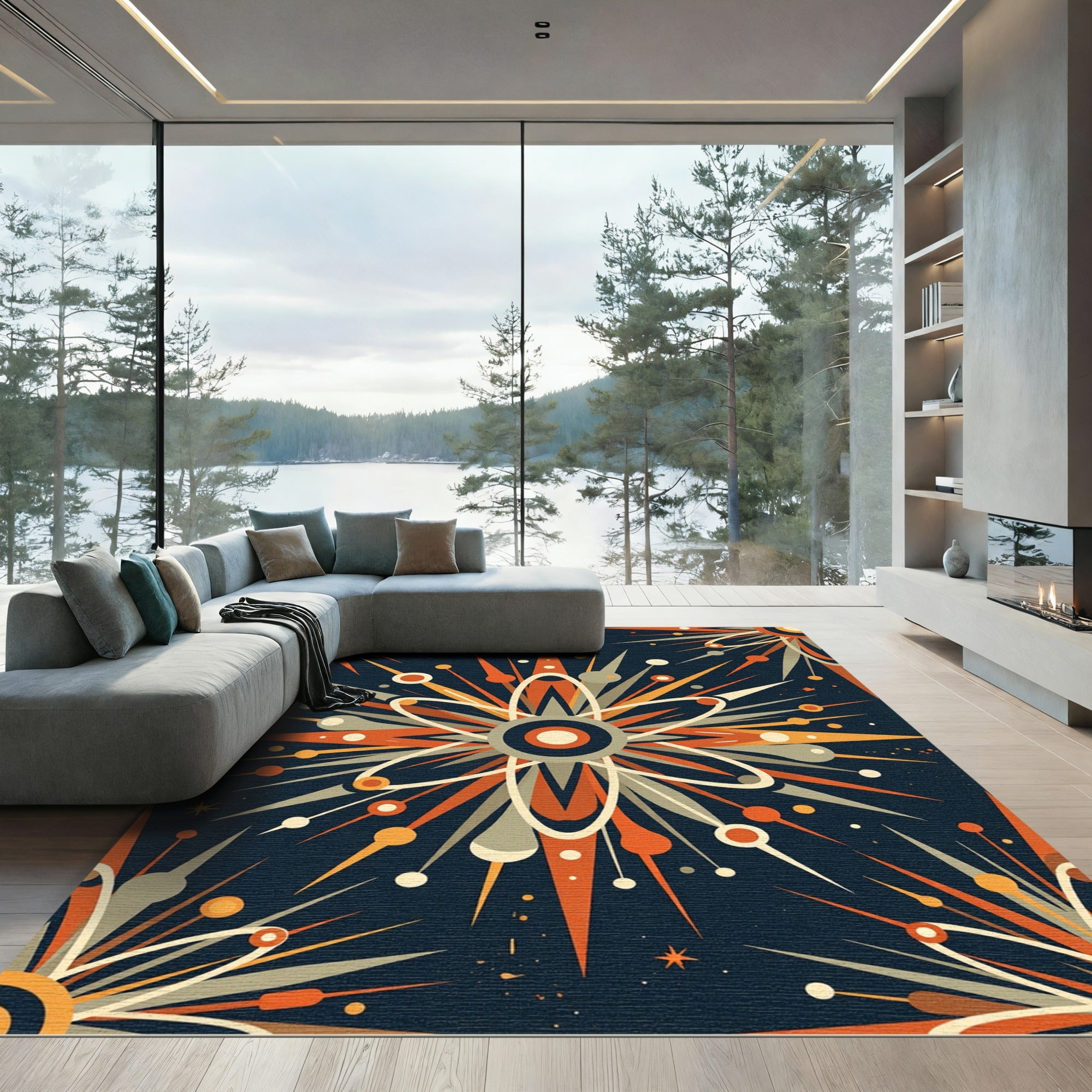 Retro Atomic Orange Starburst Rug
