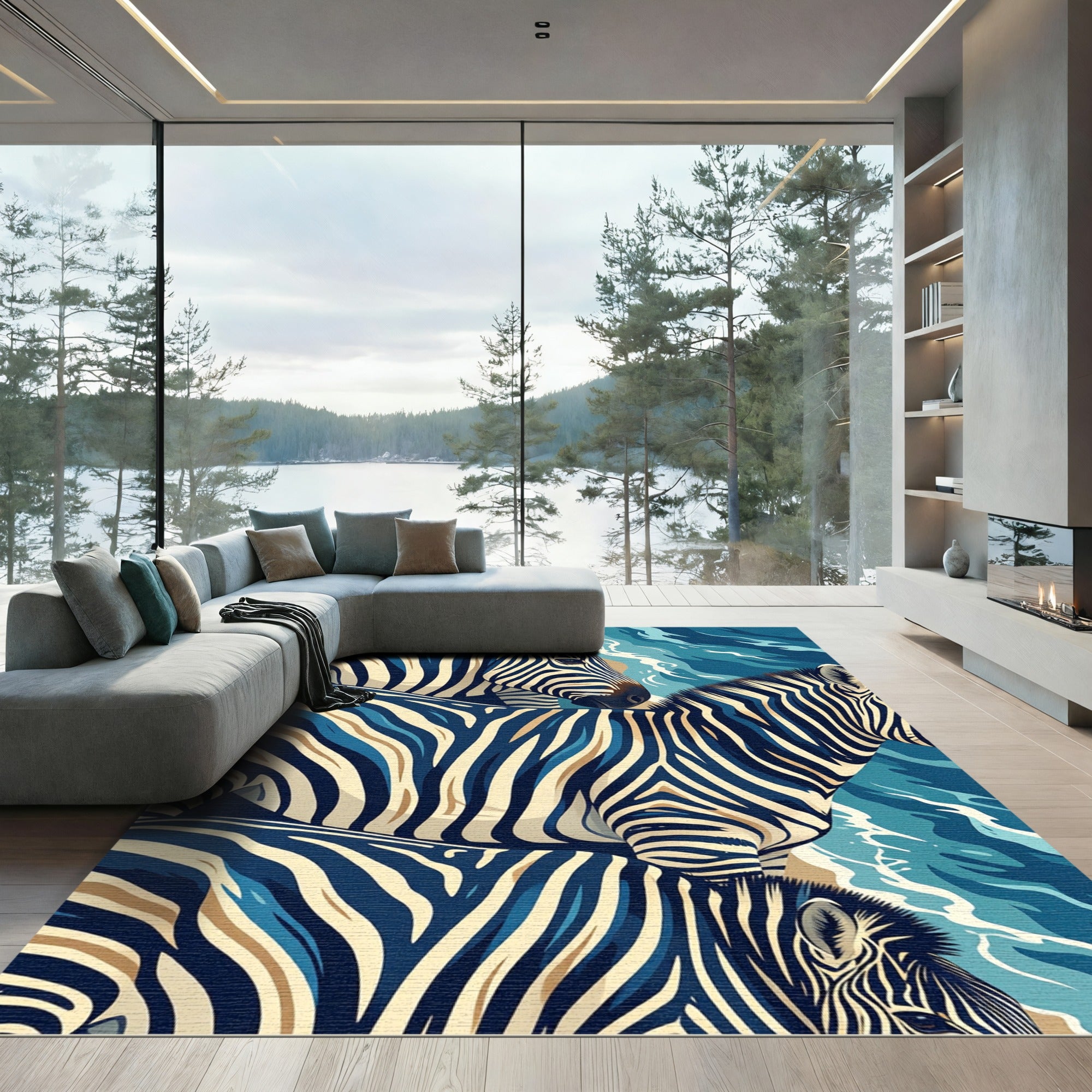 Deep Blue Zebra Stripes Water Rug
