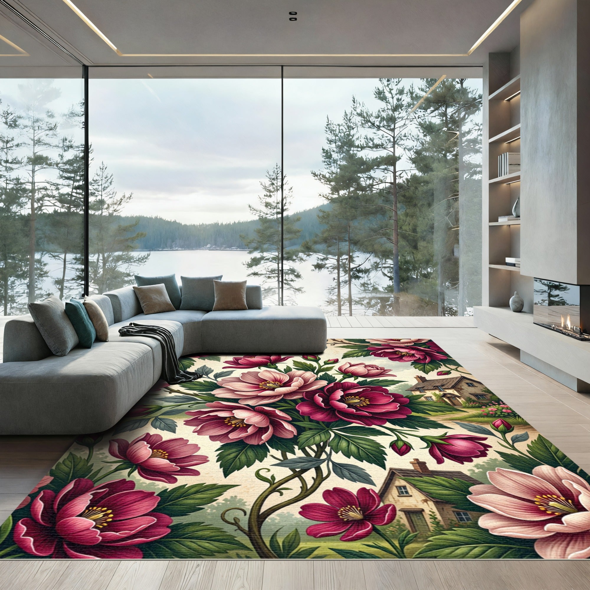 Rich Crimson Blossoms Garden Scene Rug