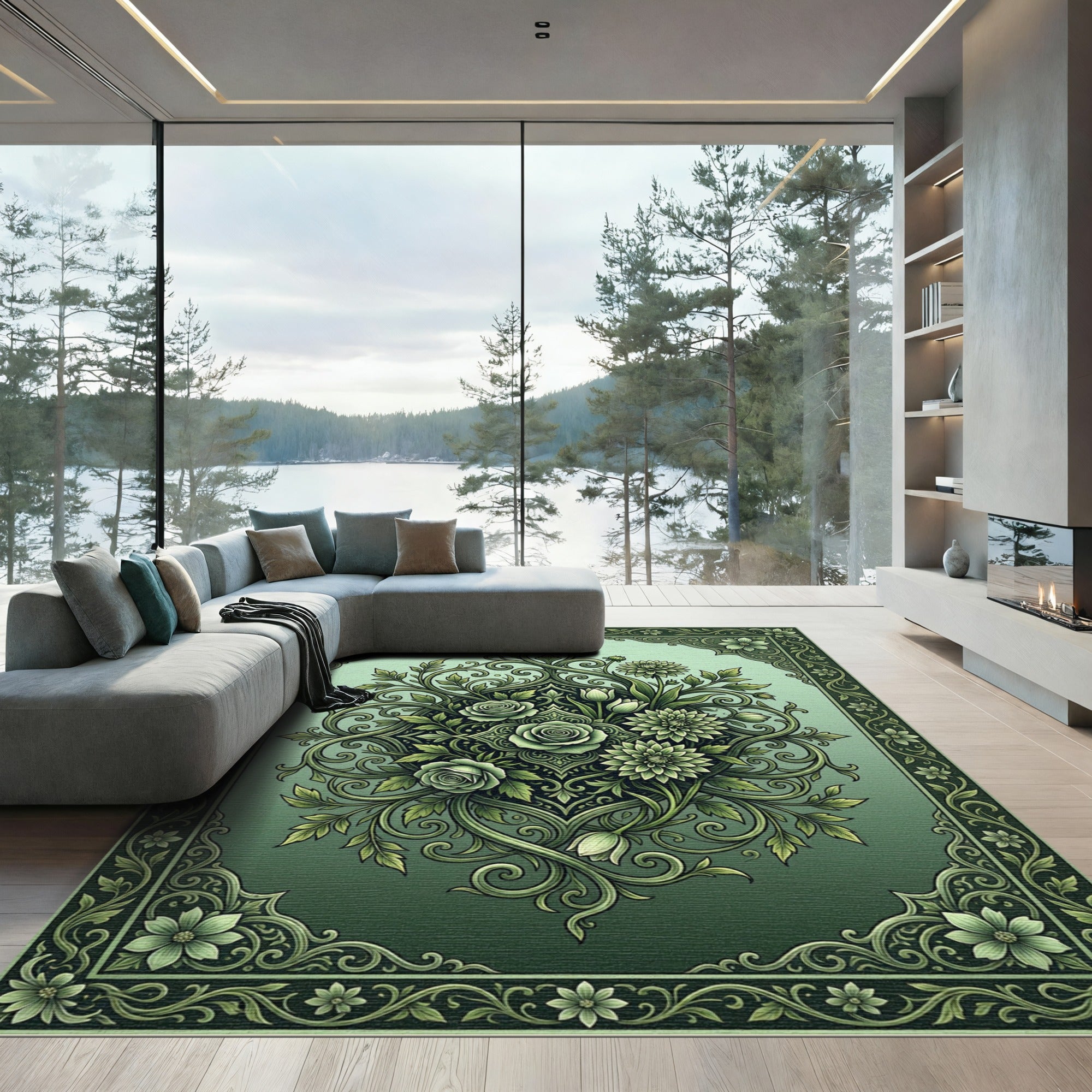 Elegant Sage Floral Scroll Medallion Art Rug