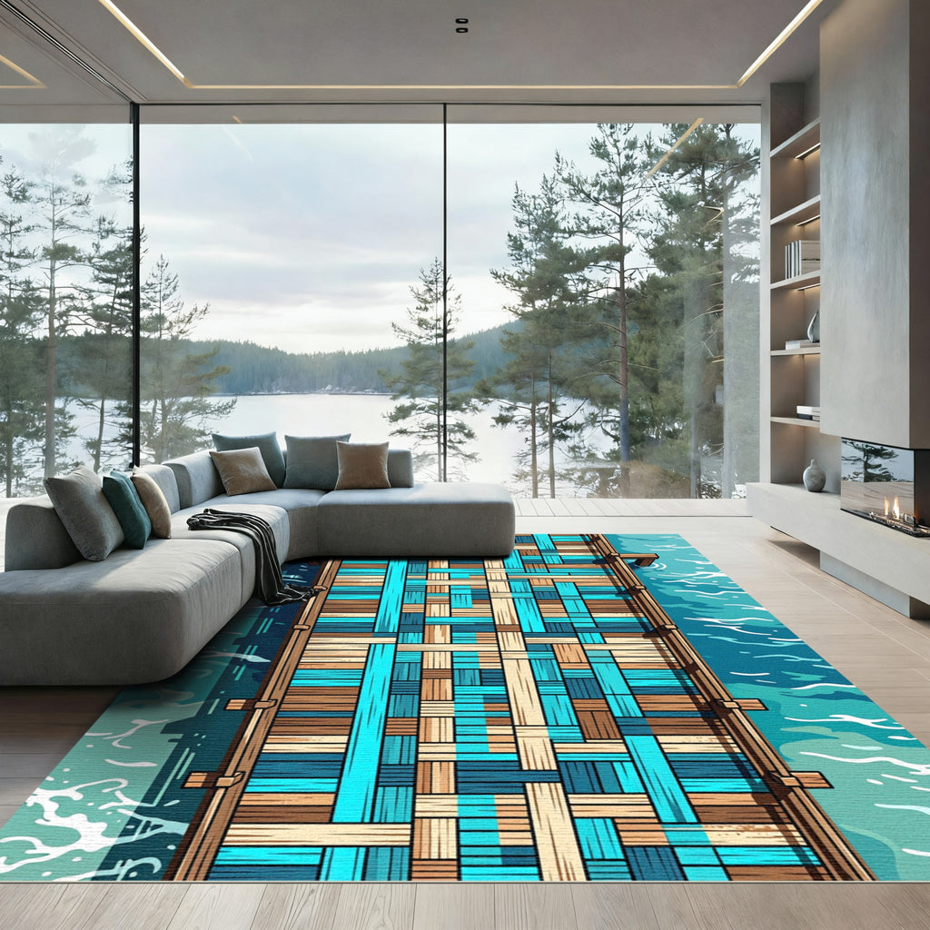 Woven Teal and Wood Tones Plaid Rug