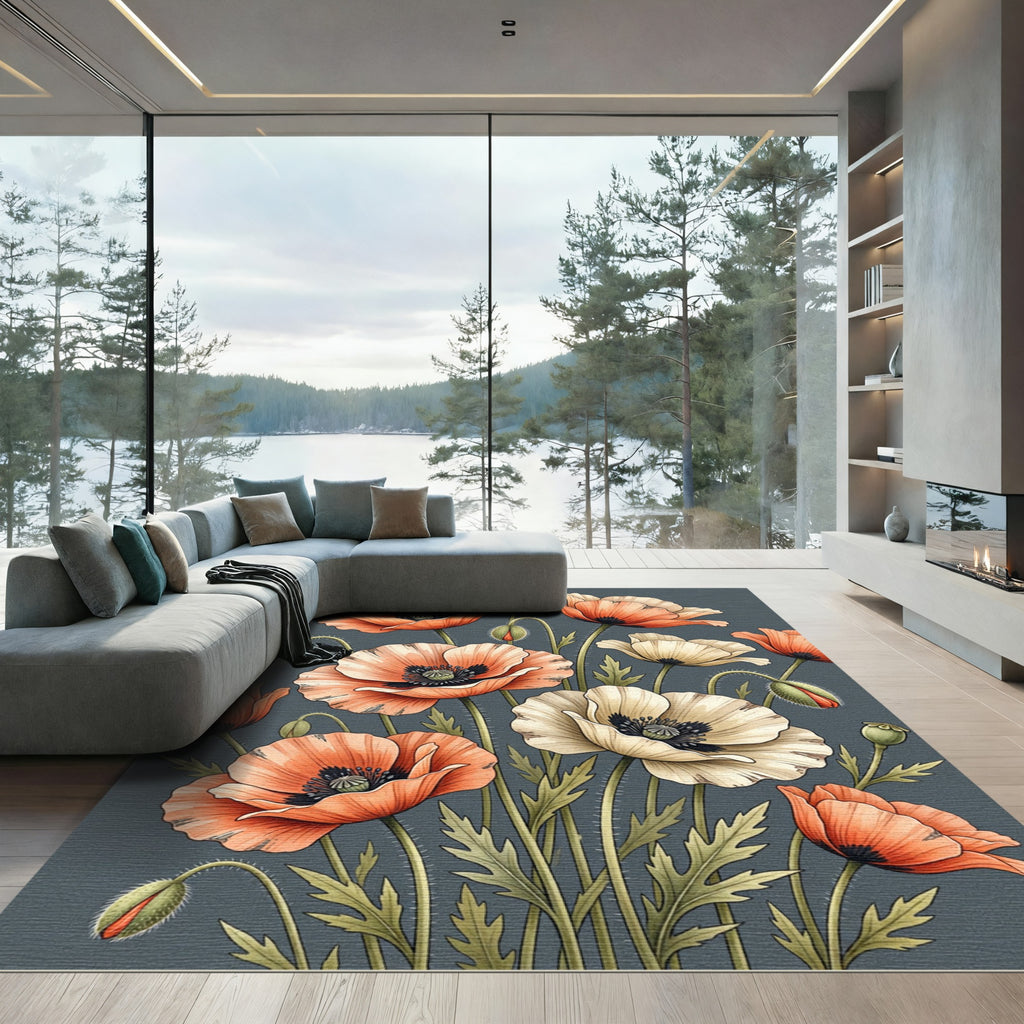 Coral Cream Poppy Floral Arrangement Rug