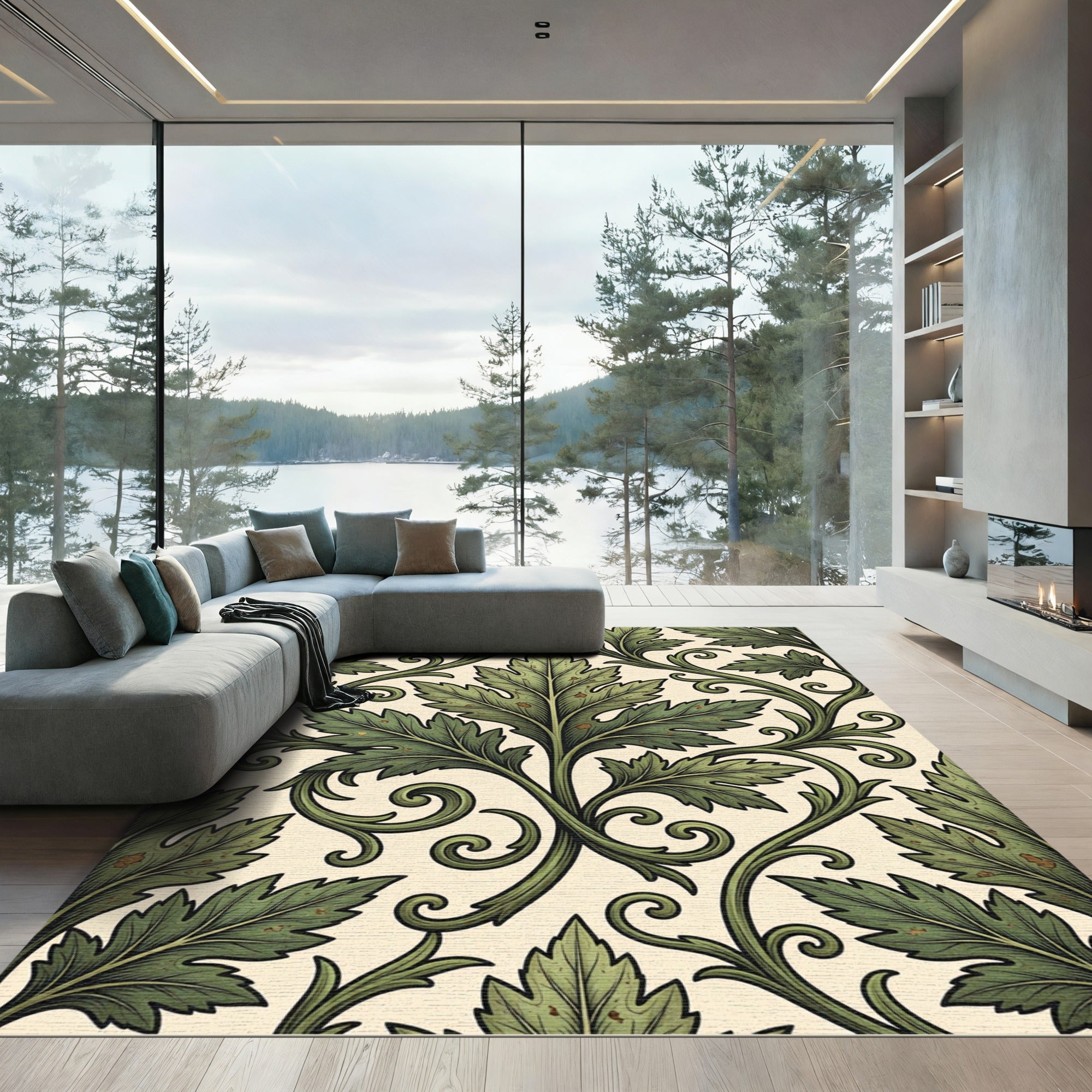 Sage Green Acanthus Scroll Leaf Rug
