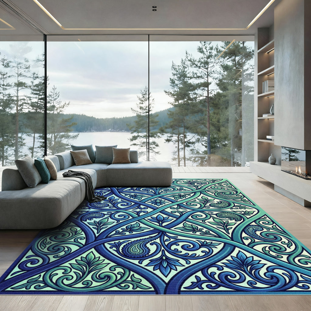 Ethereal Blue Teal Intertwined Leaf Scroll Rug