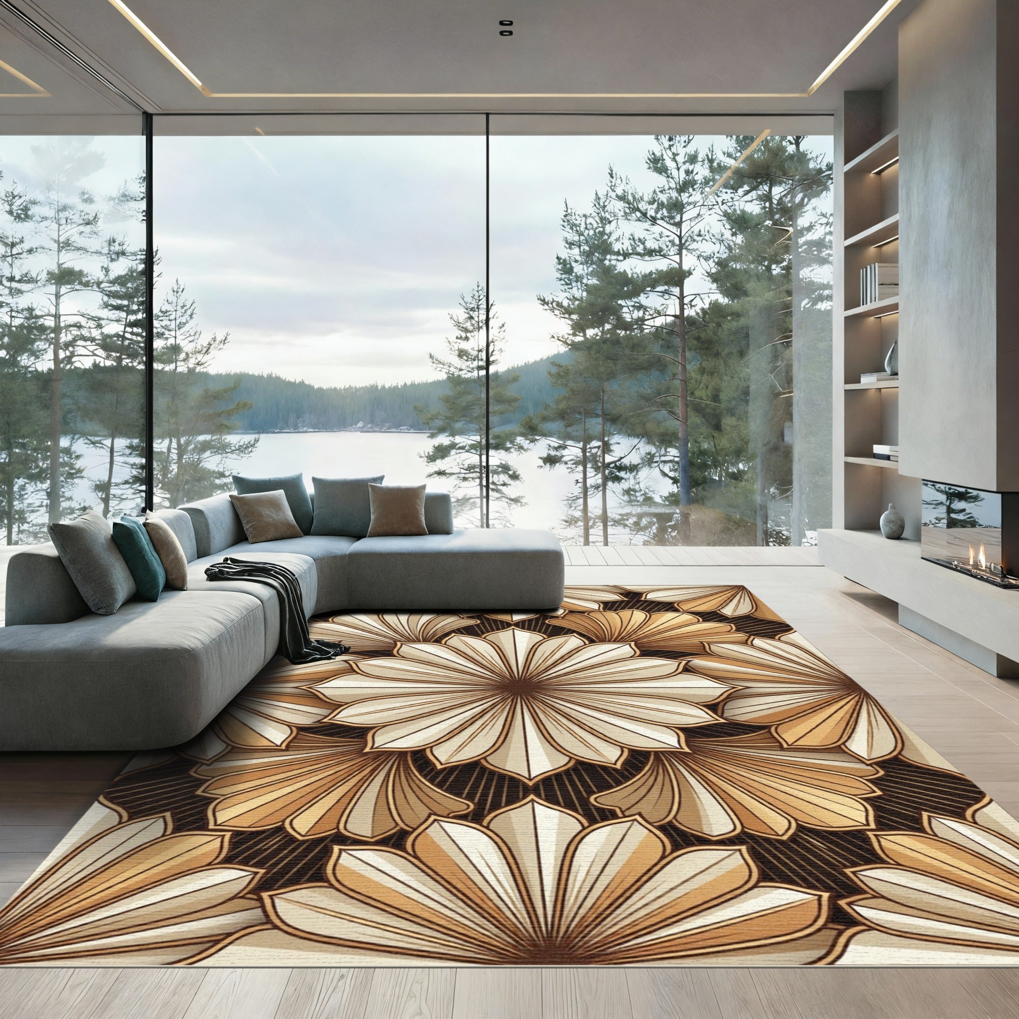 Golden Fan Petal Abstract Bloom Rug