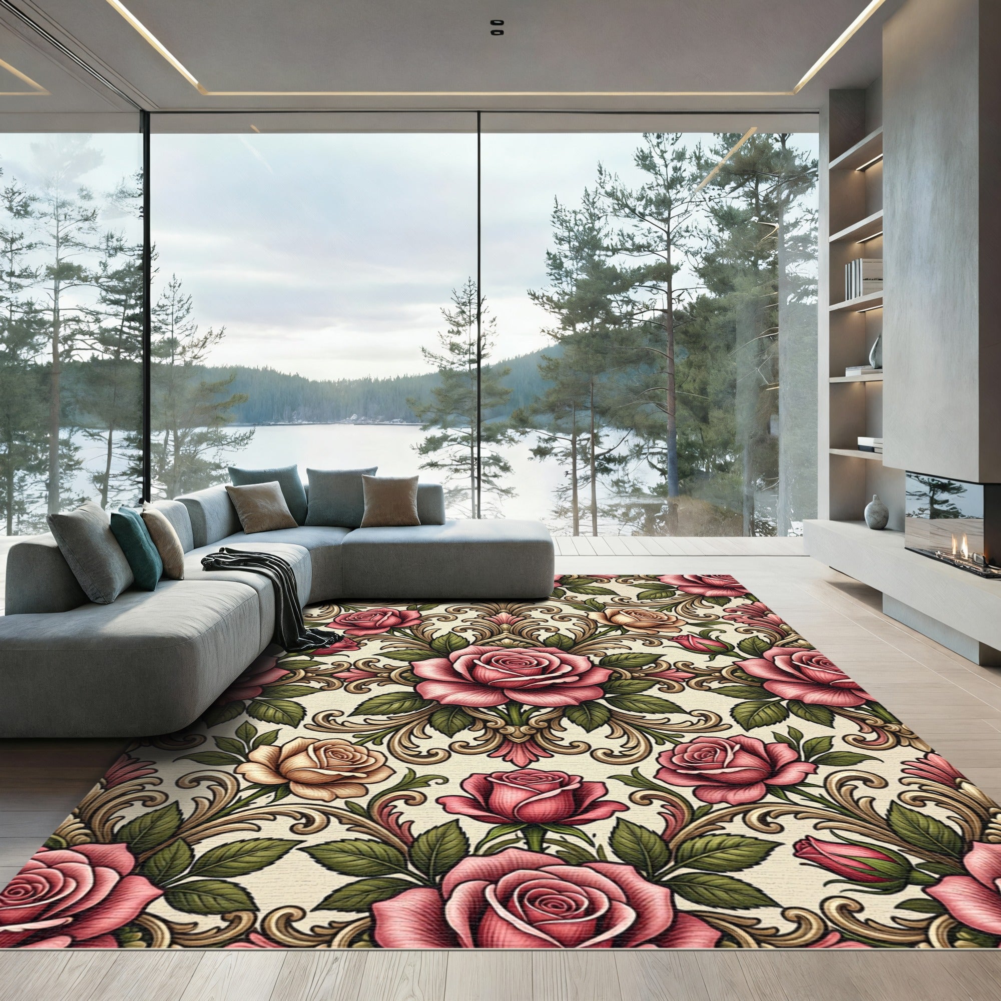 Vintage Pink Rose Baroque Damask Rug