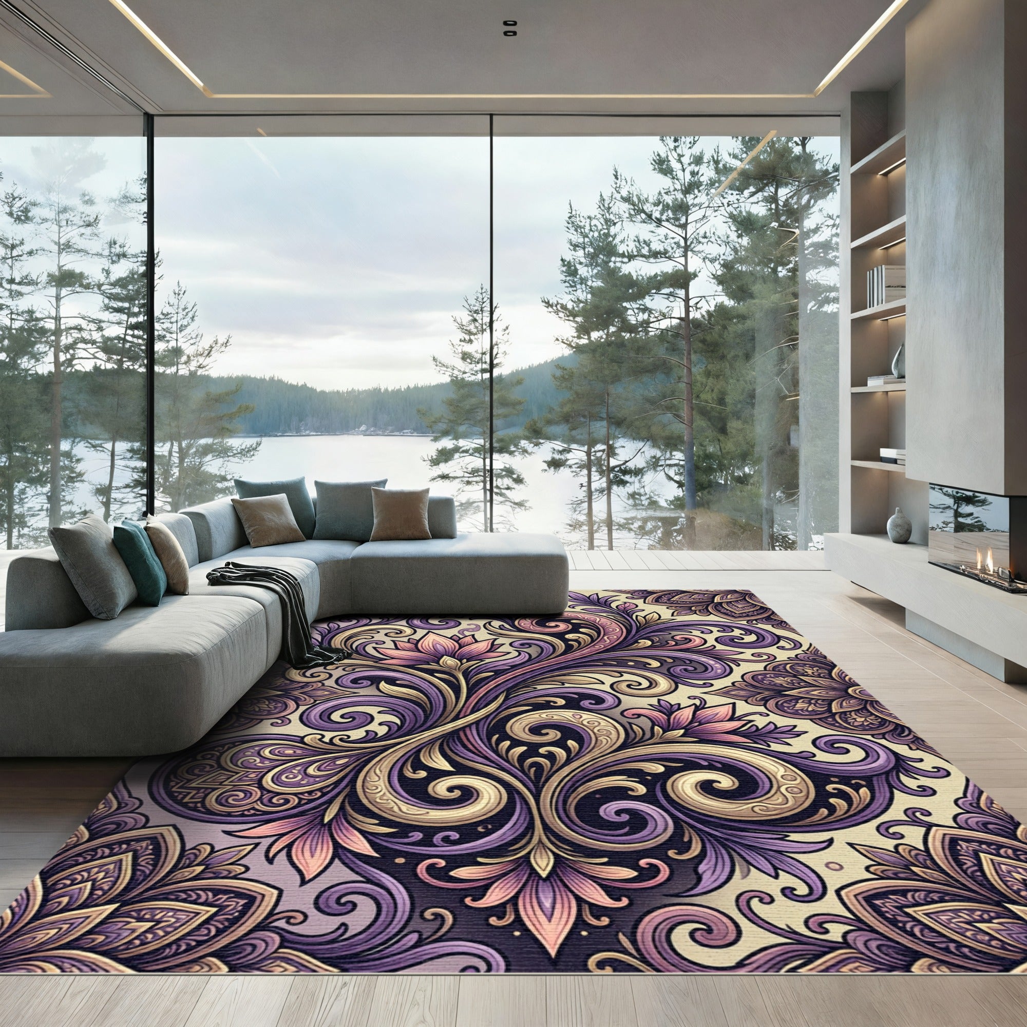Mauve Lilac Floral Swirl Medallion Rug
