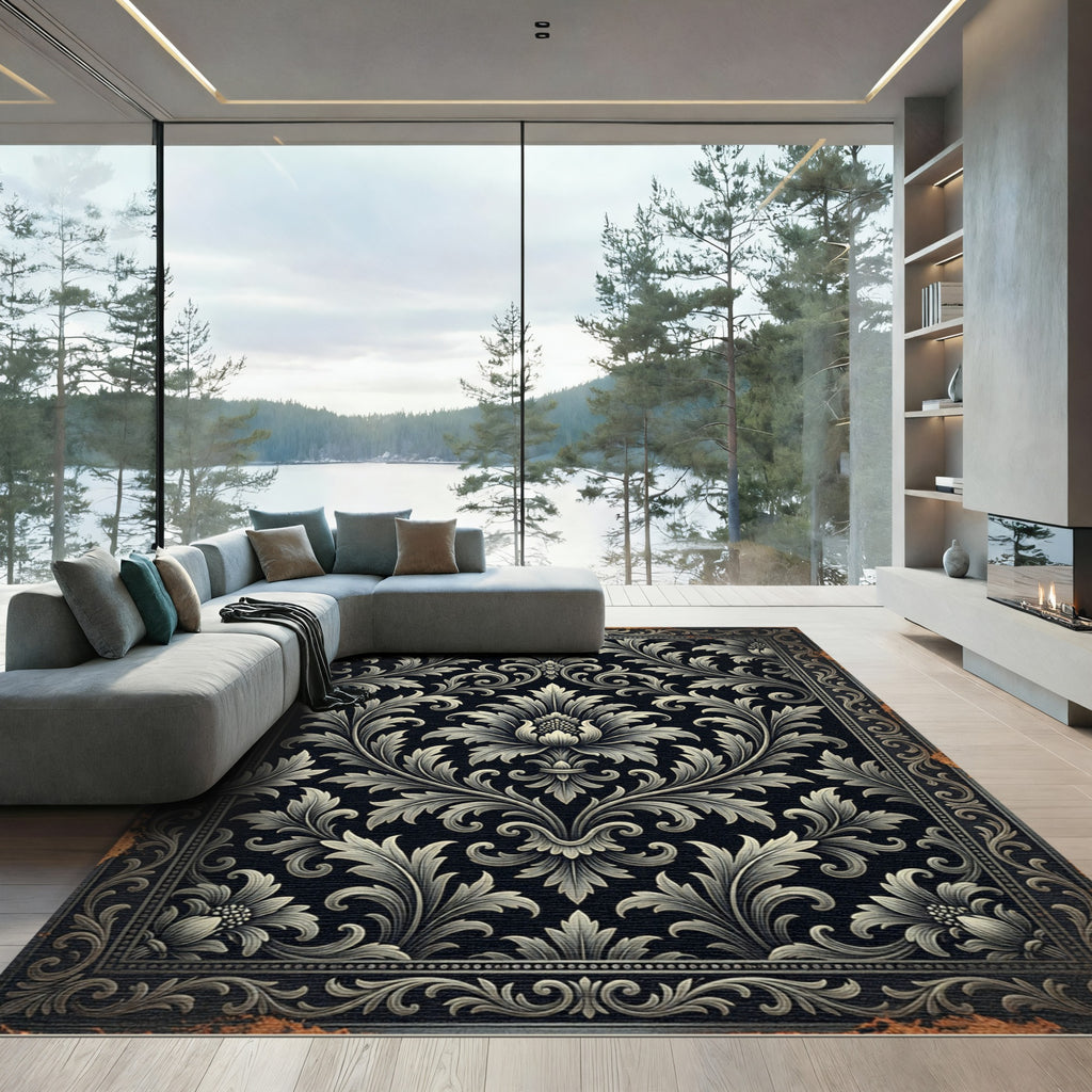 Elegant Charcoal Damask Scroll Art Rug