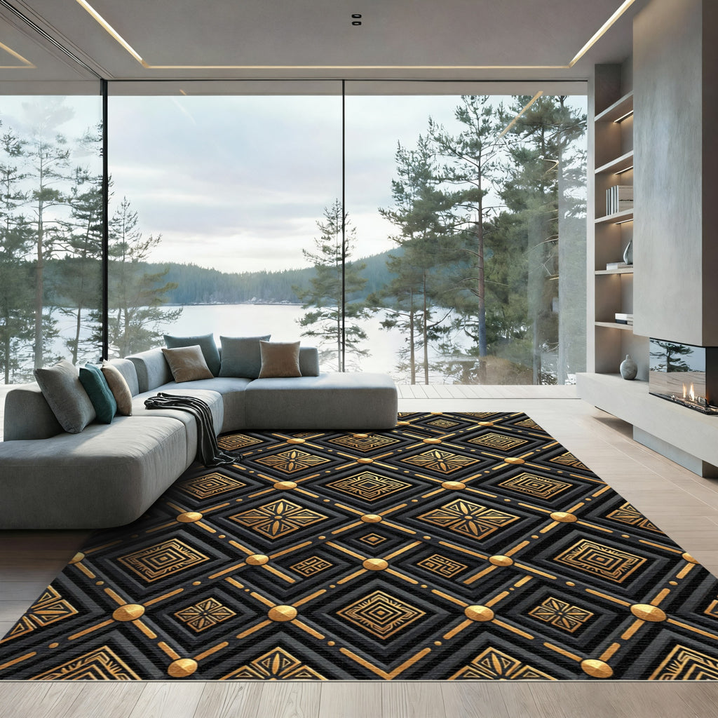 Art Deco Black Gold Diamond Lattice Rug