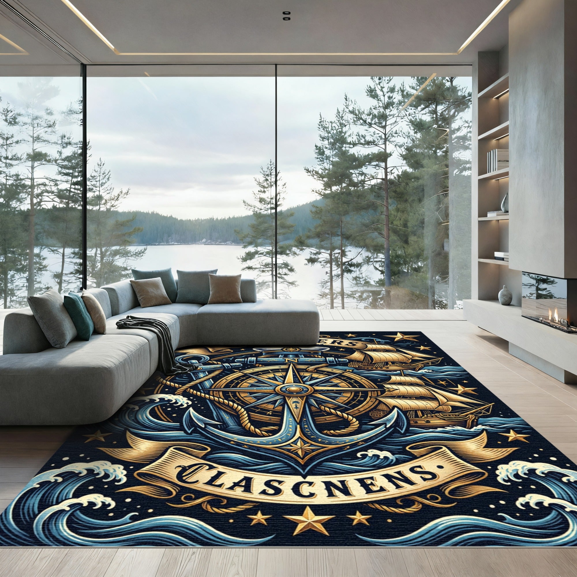 Golden Nautical Compass Anchor Maritime Art Rug