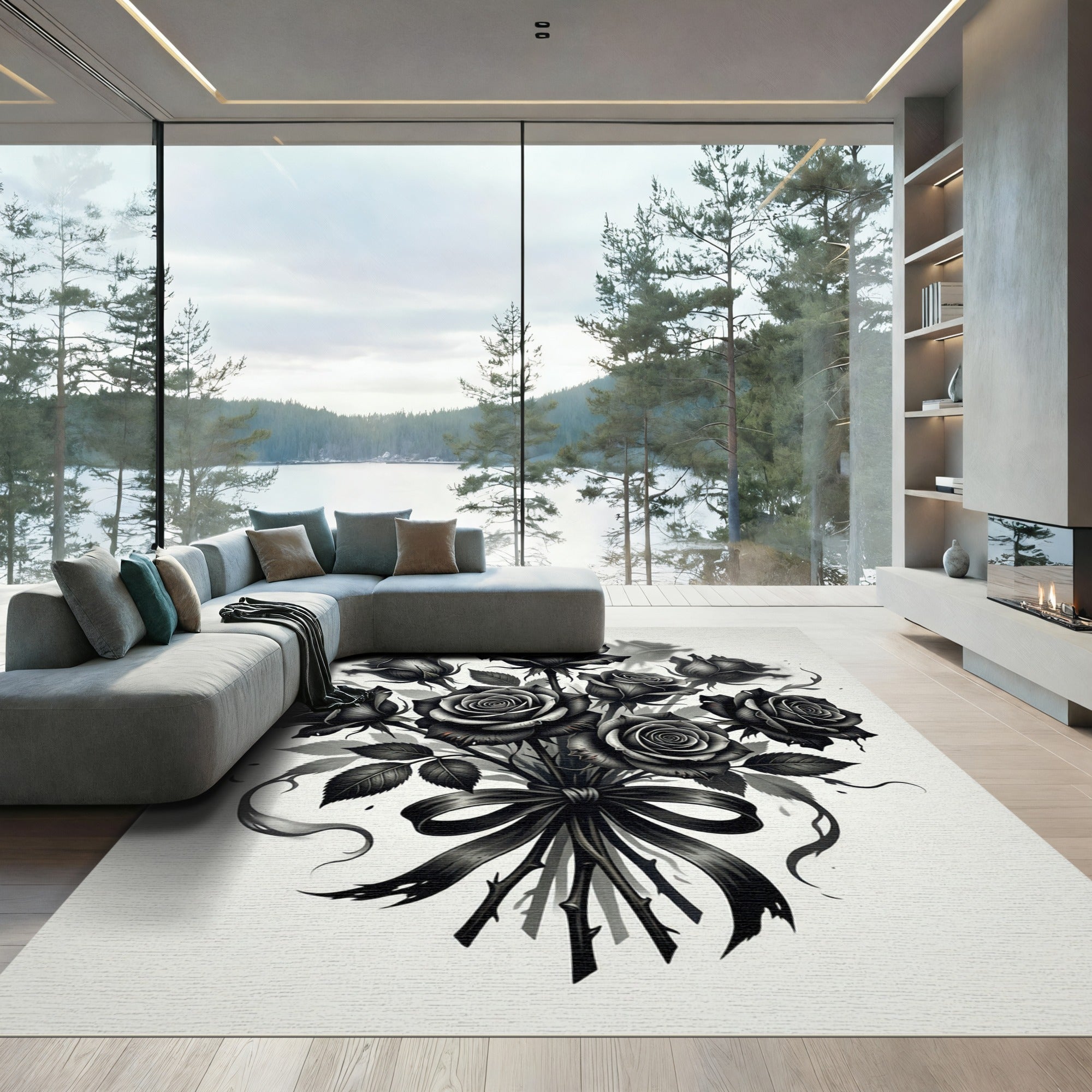 Monochromatic Black Rose Bouquet Ribbon Rug