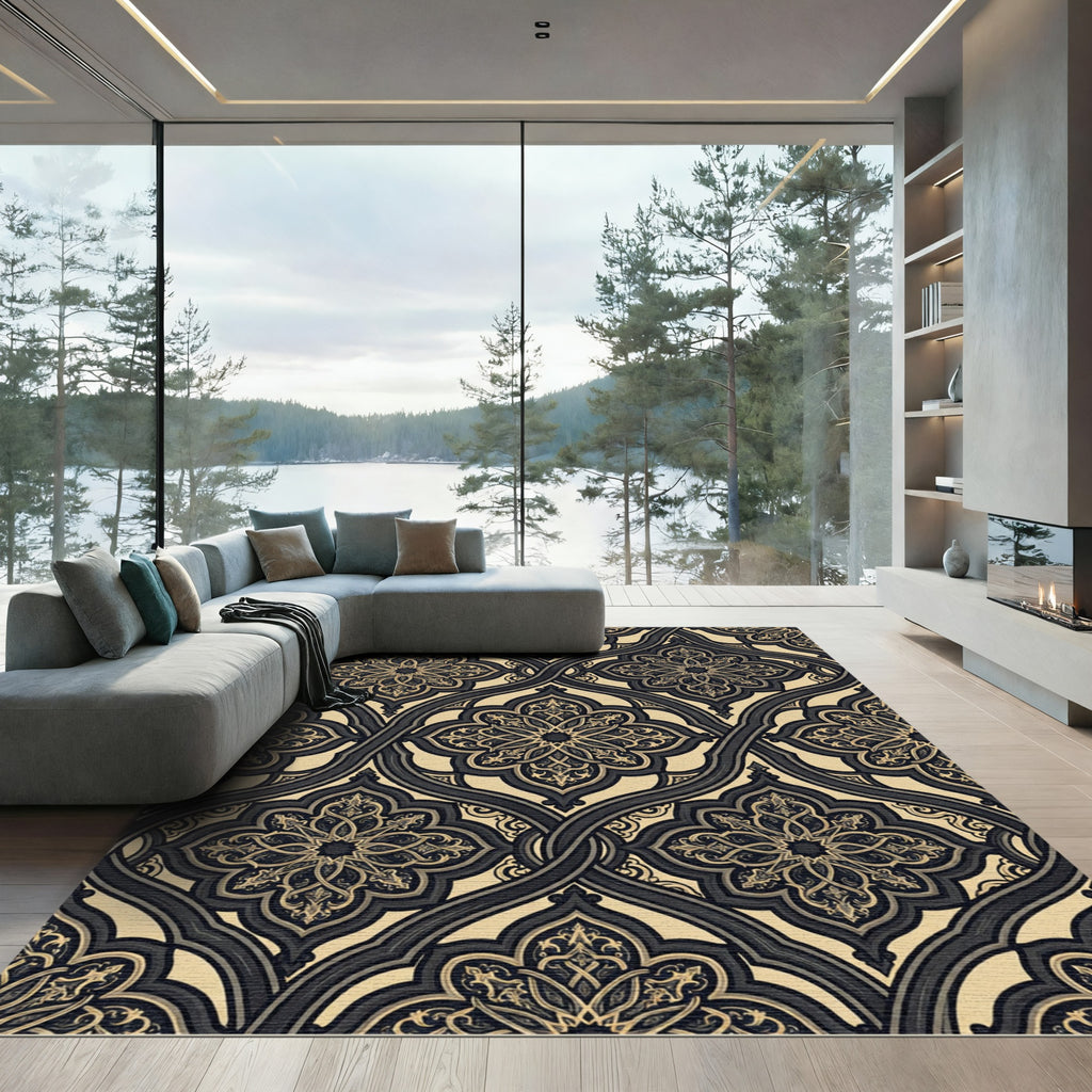 Ornate Gold and Charcoal Arabesque Trellis Rug