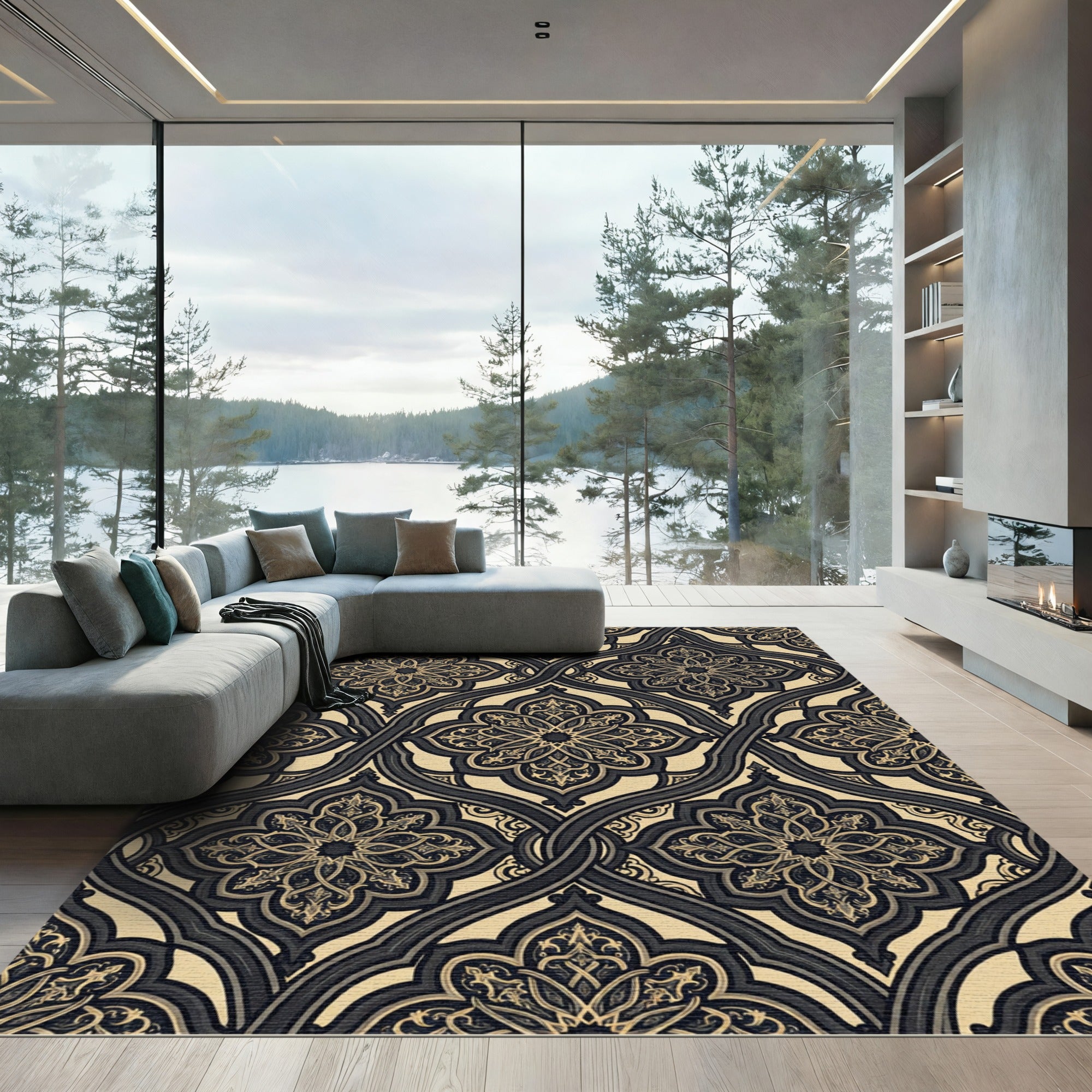 Ornate Gold and Charcoal Arabesque Trellis Rug