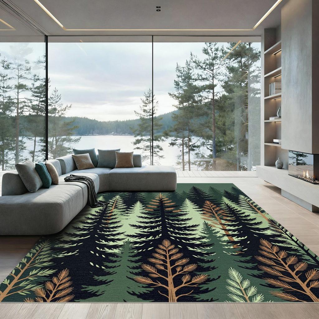 Dark Forest Pine Tree Silhouette Rug