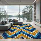 Blue and Gold Abstract Ikat Zigzag Rug