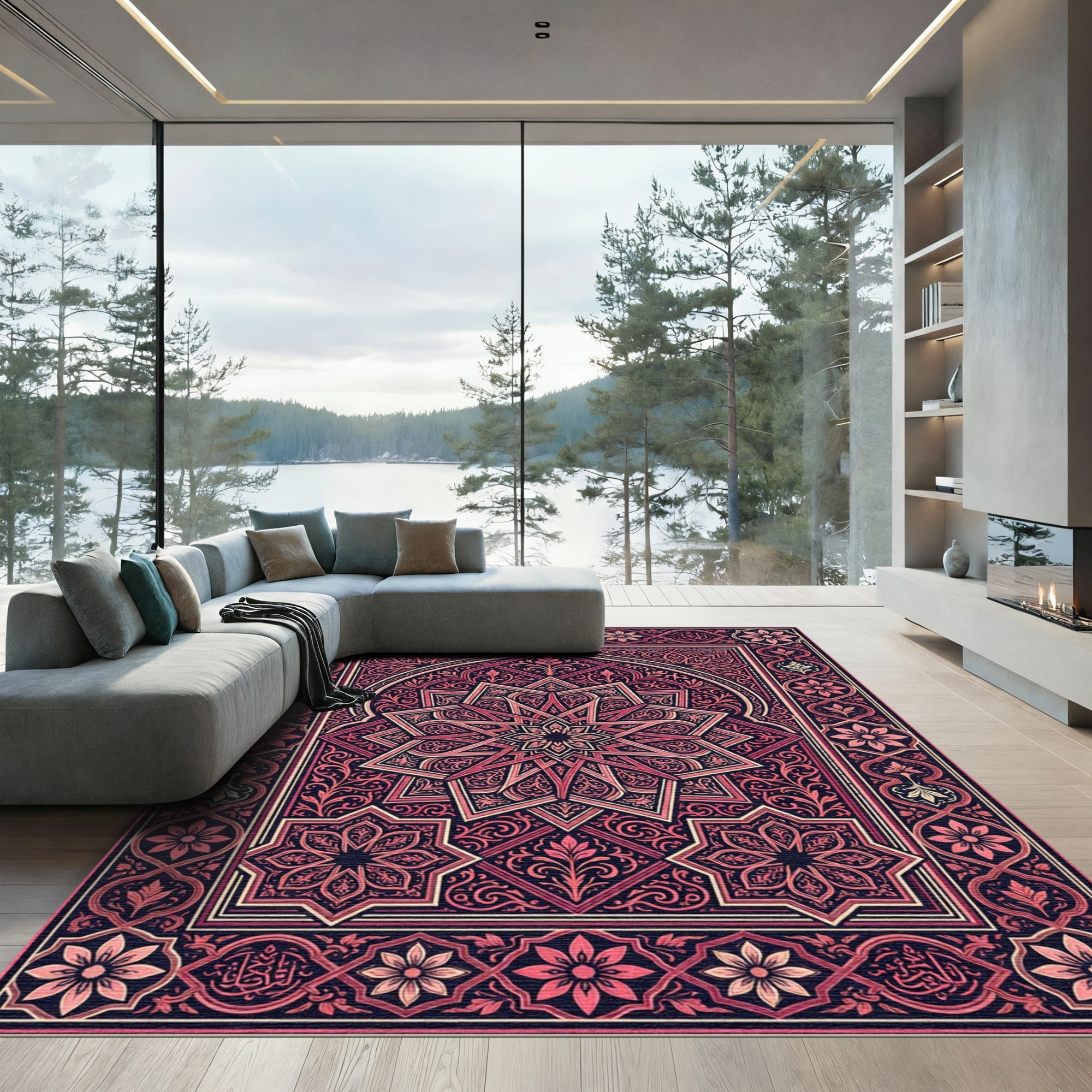Ornate Pink and Gold Starburst Medallion Rug