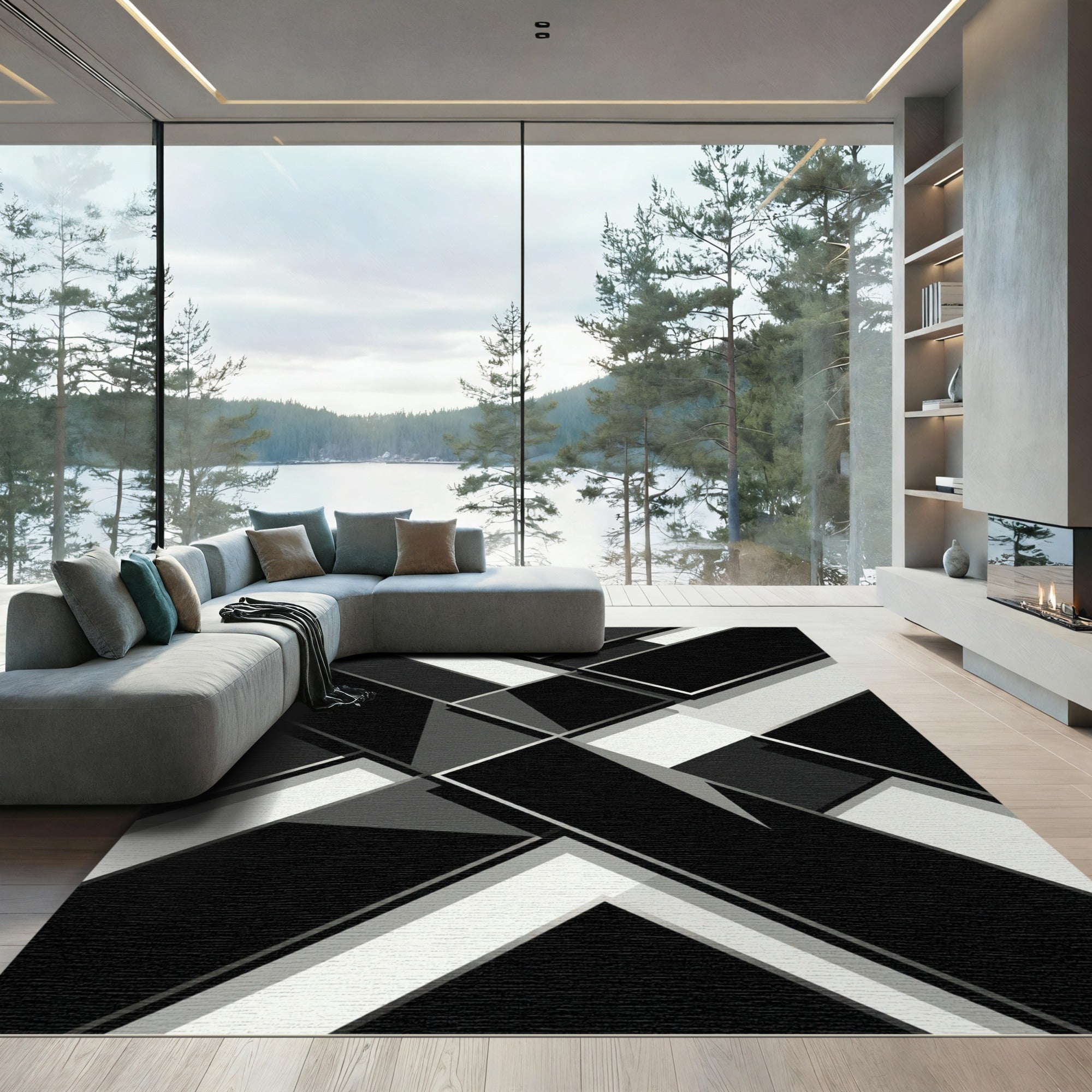Monochrome Geometric Overlap Layers Rug