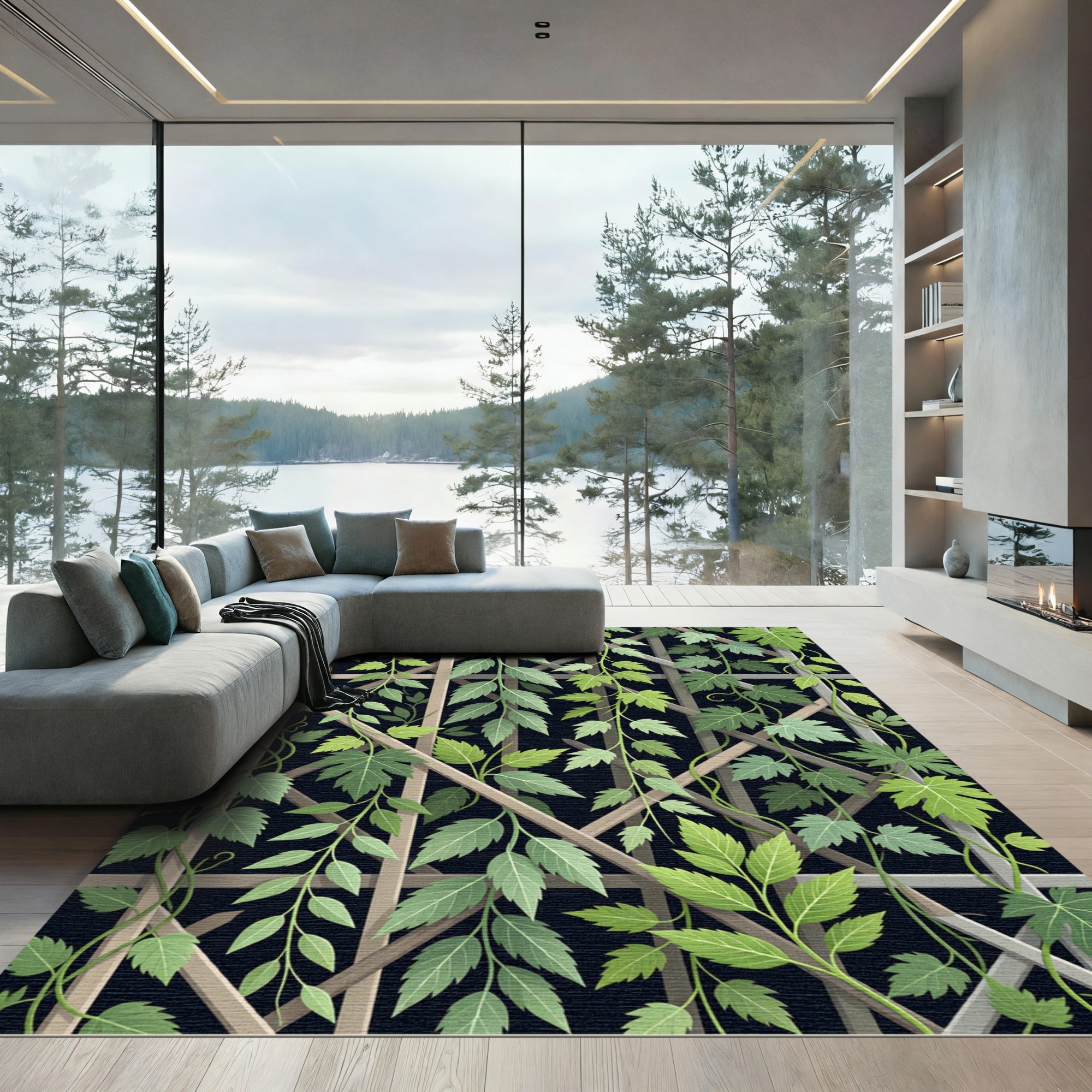 Lush Green Botanical Trellis Garden Rug