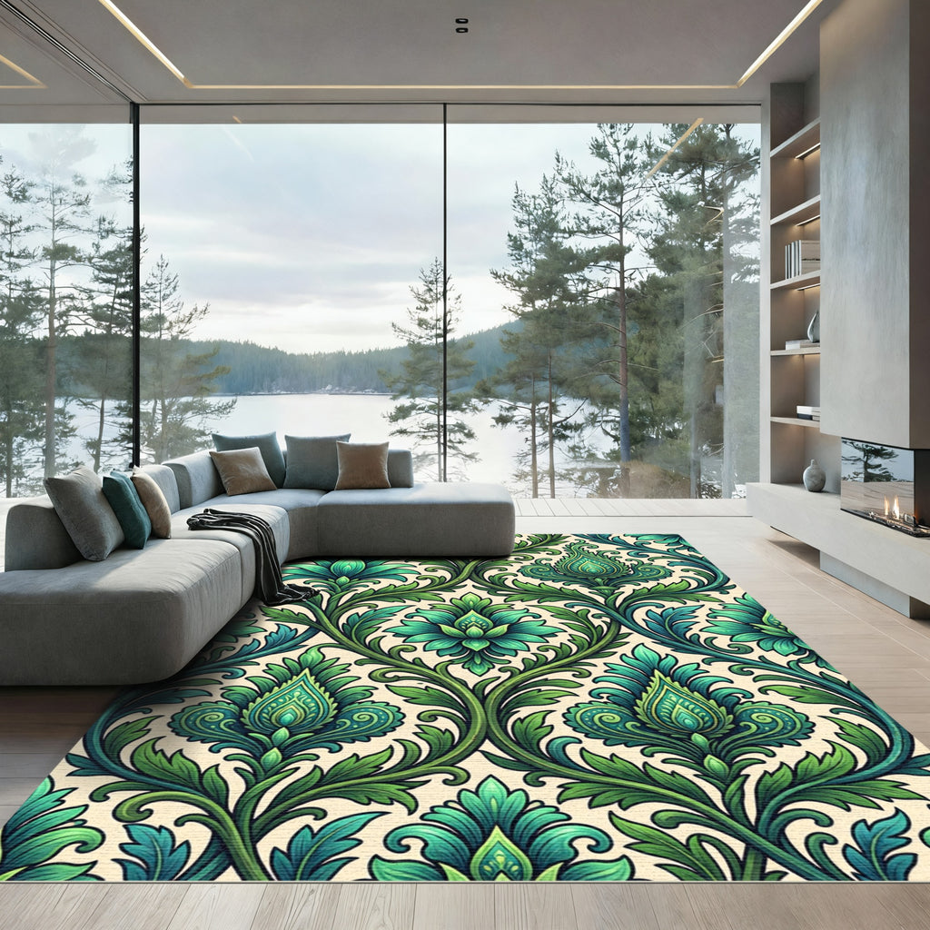 Emerald Green Floral Damask Rug