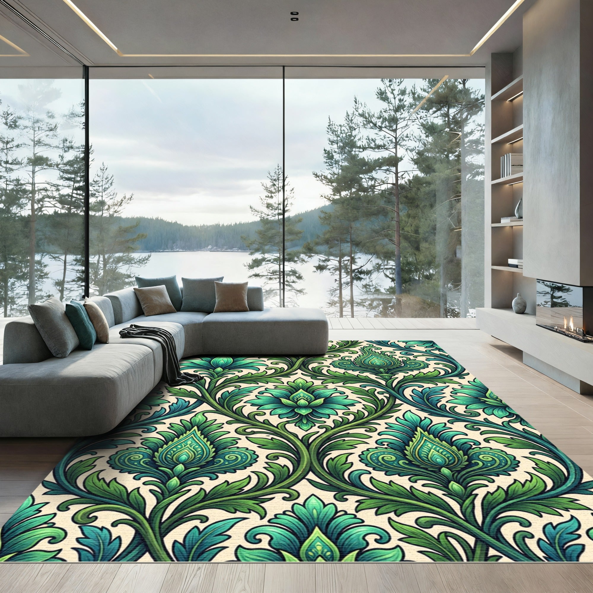 Emerald Green Floral Damask Rug