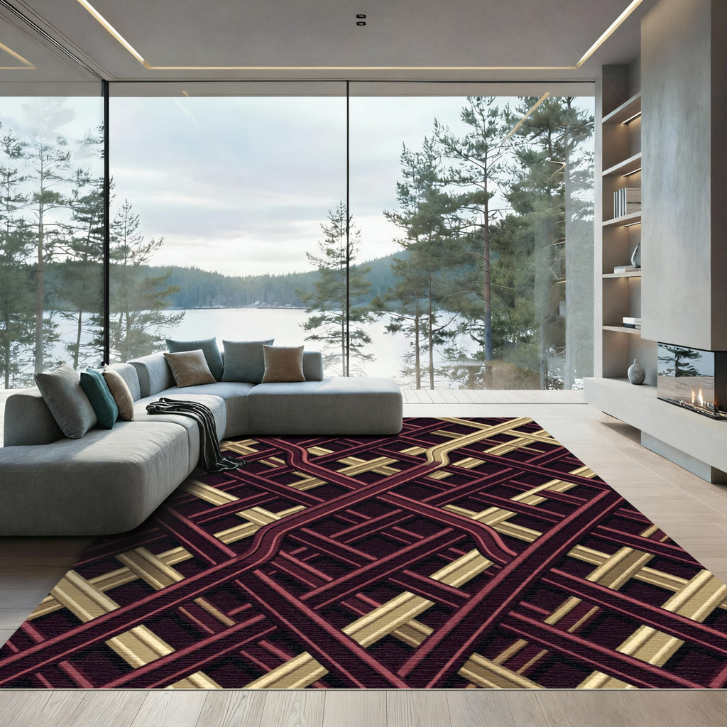 Geometric Burgundy and Gold Woven Grid Rug