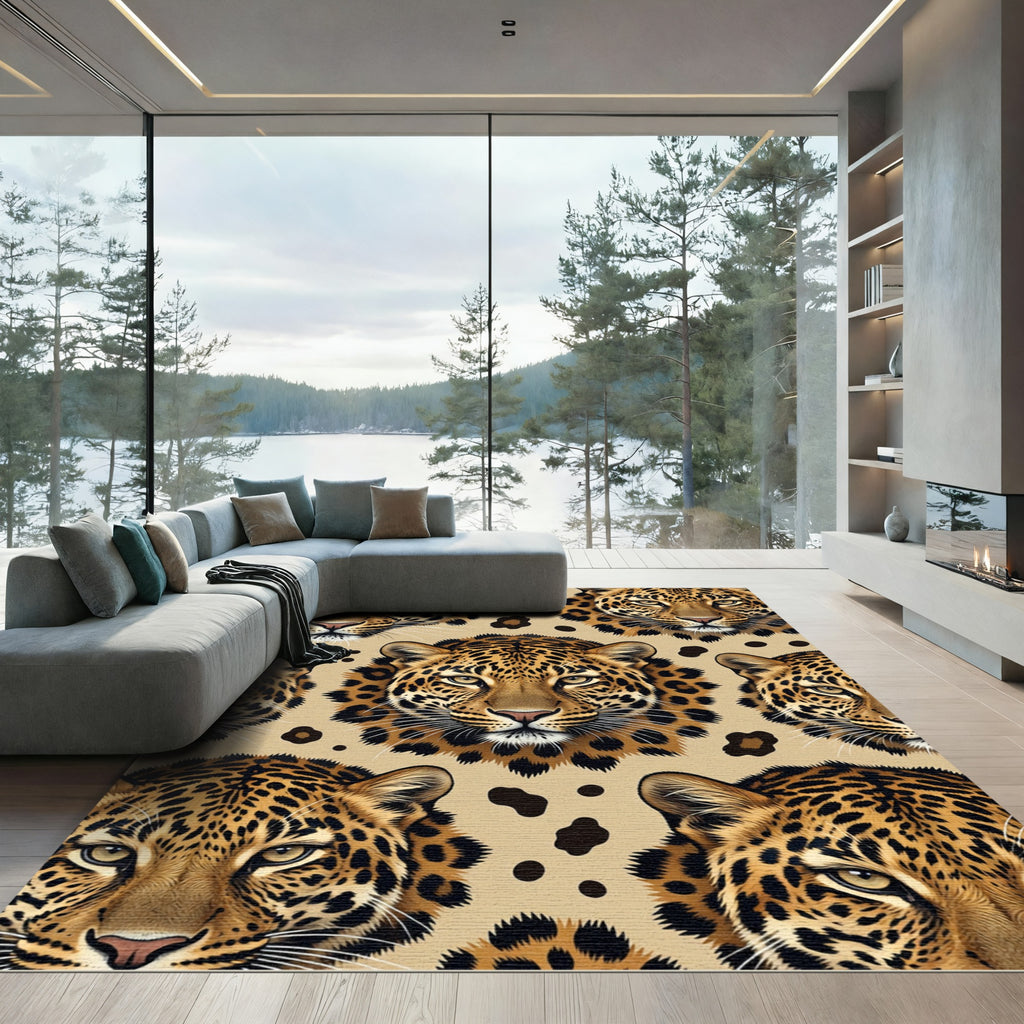 Sophisticated Golden Leopard Face Animal Skin Rug