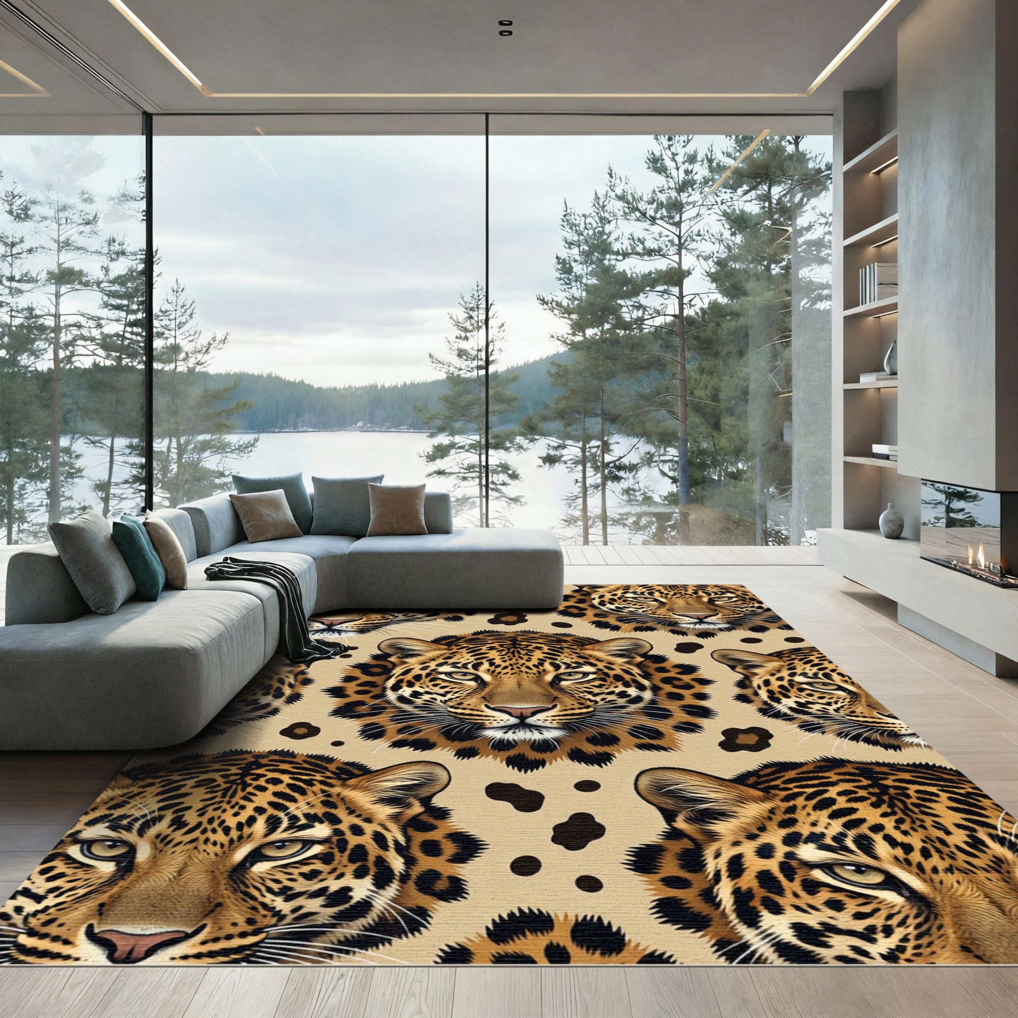 Sophisticated Golden Leopard Face Animal Skin Rug