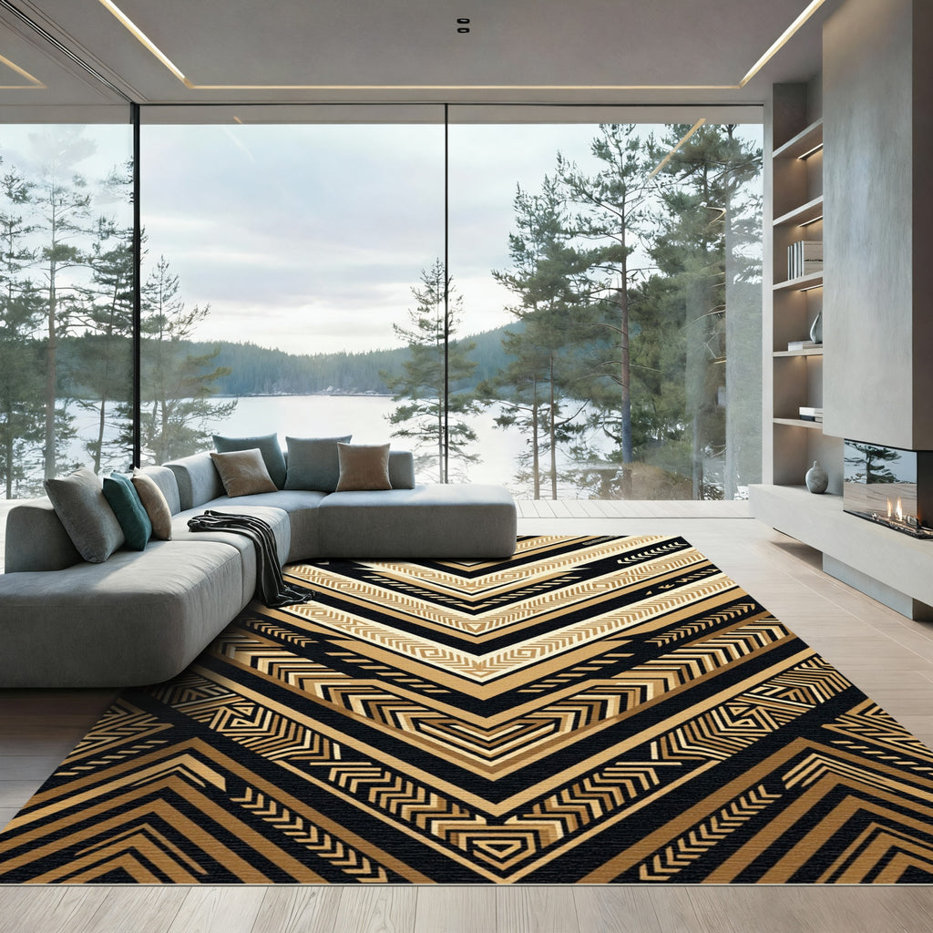 Geometric Chevron Black Gold Rug