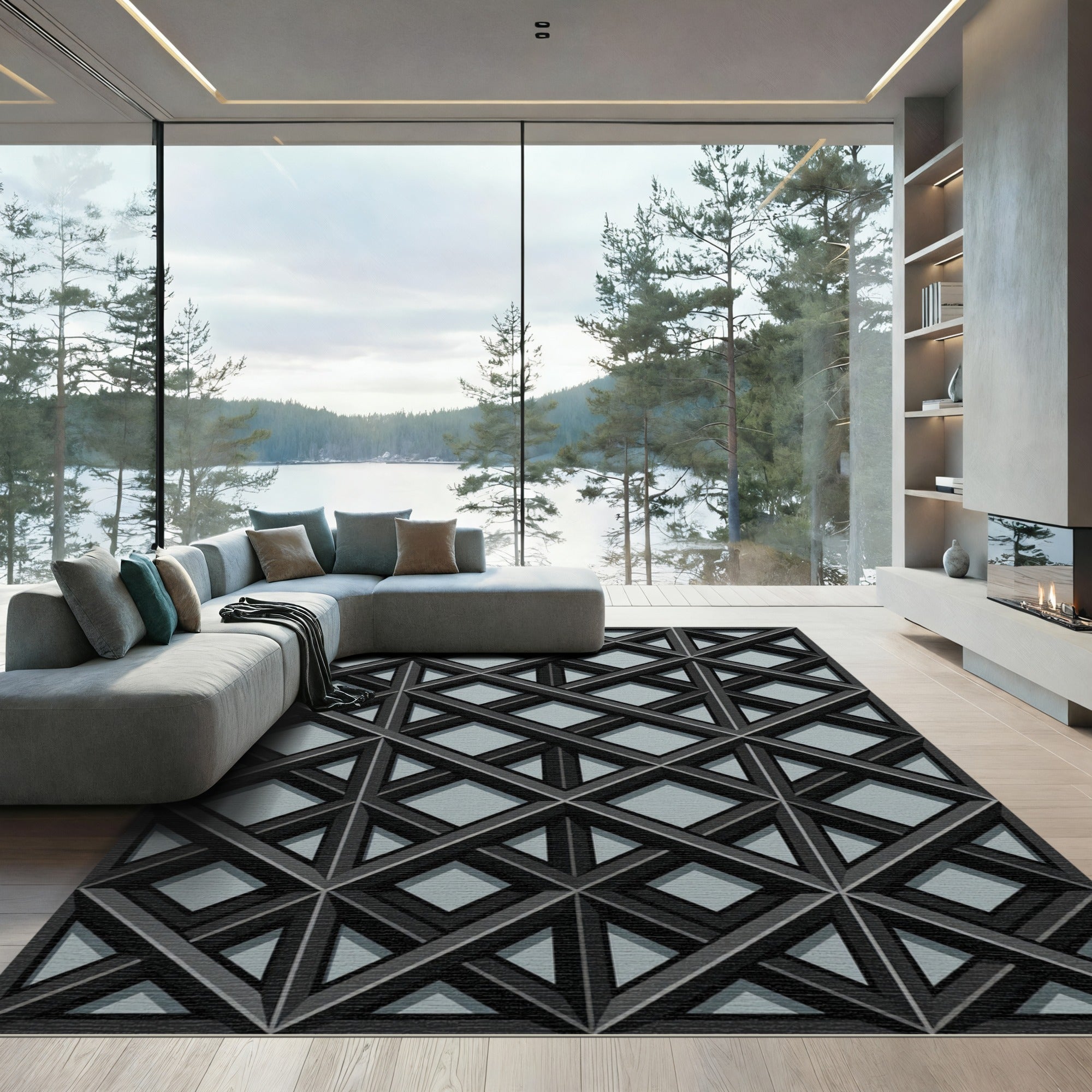 Modern Charcoal Gray Interlocking Geometric Grid Rug