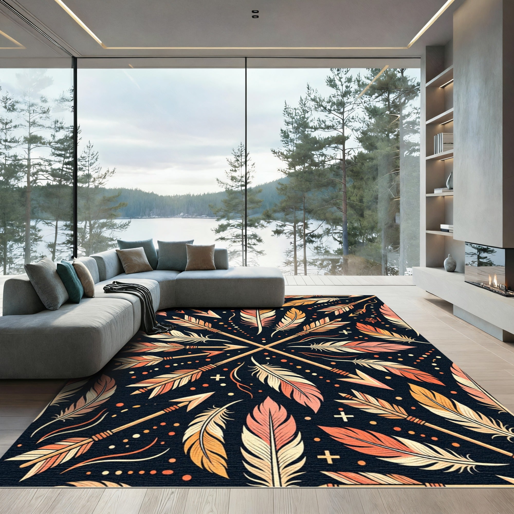 Tribal Arrows Feathers Coral Yellow Rug