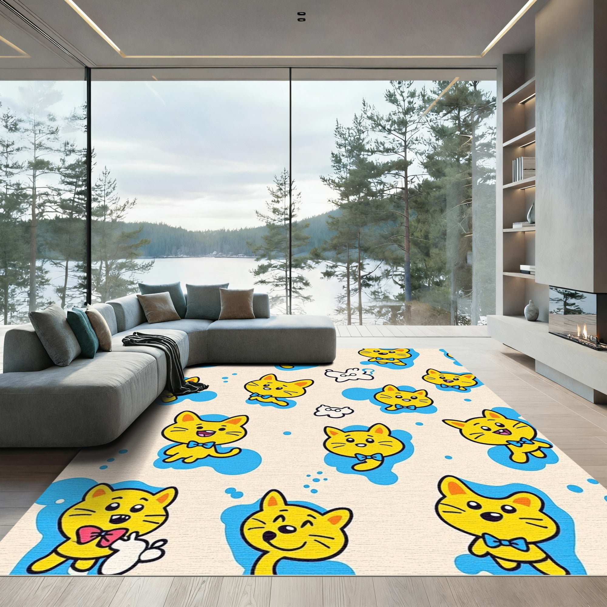 Cheeky Yellow Cats Blue Splash Composition Rug