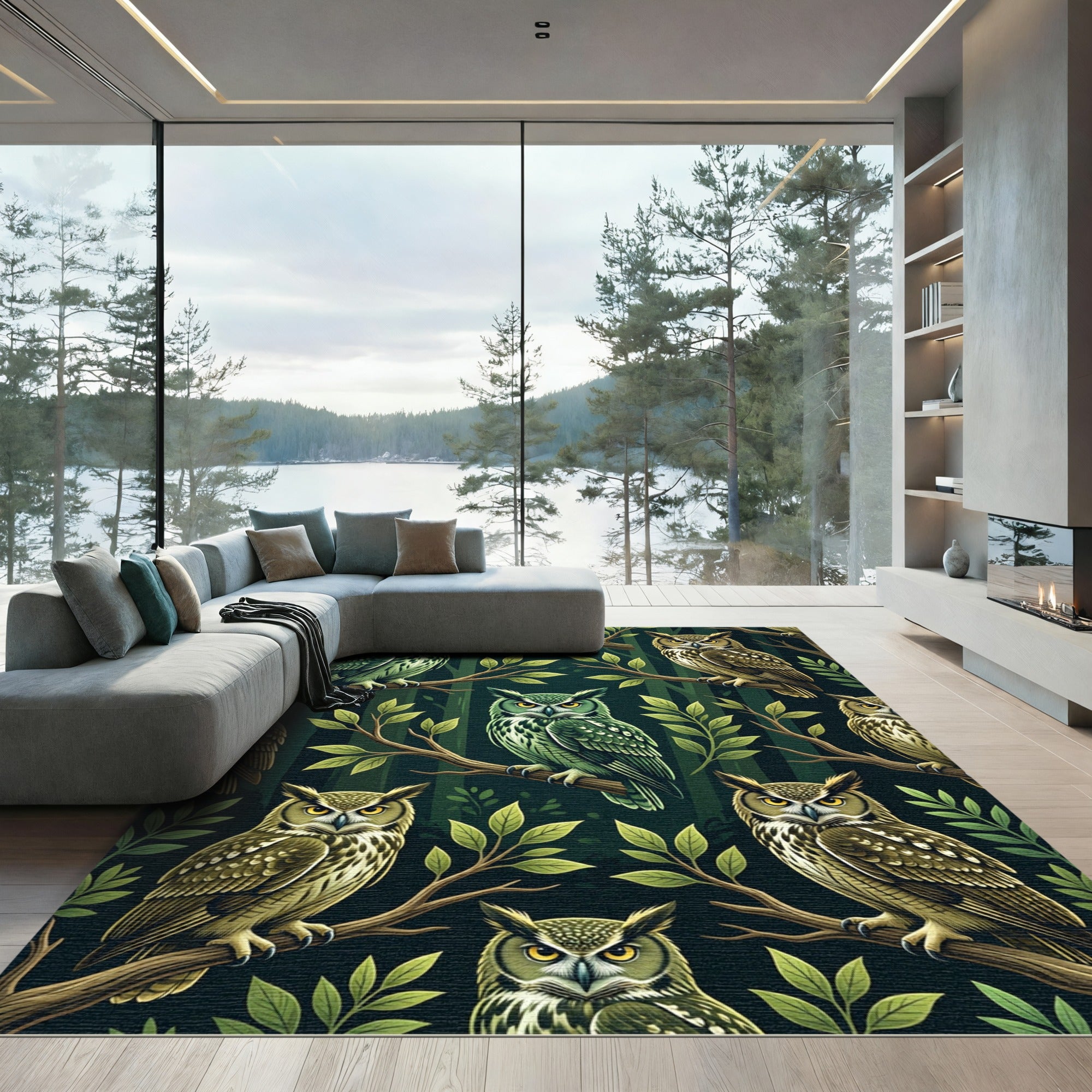 Green Brown Owl Forest Branch Repeats Rug