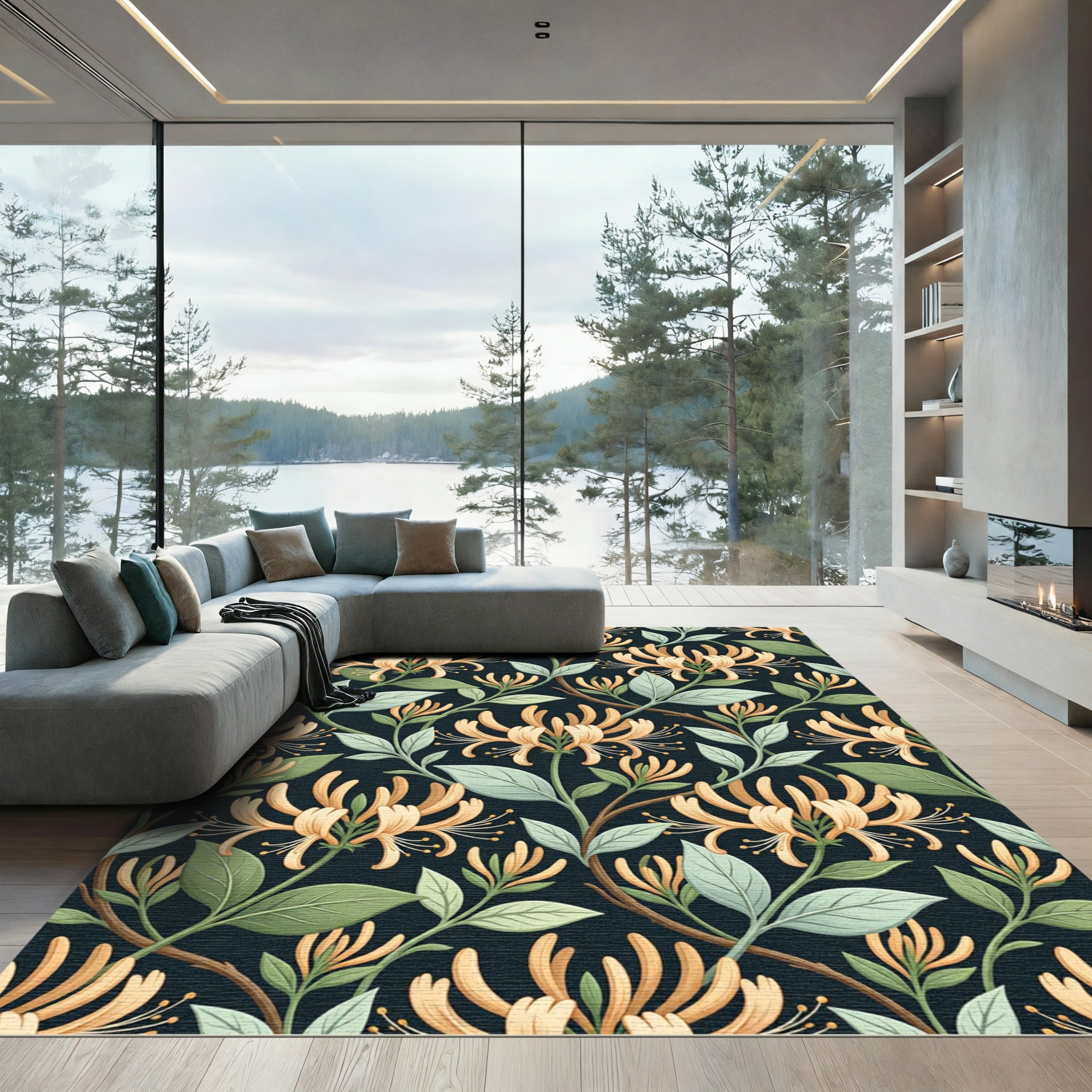 Vintage Honeysuckle Floral Dark Botanical Rug